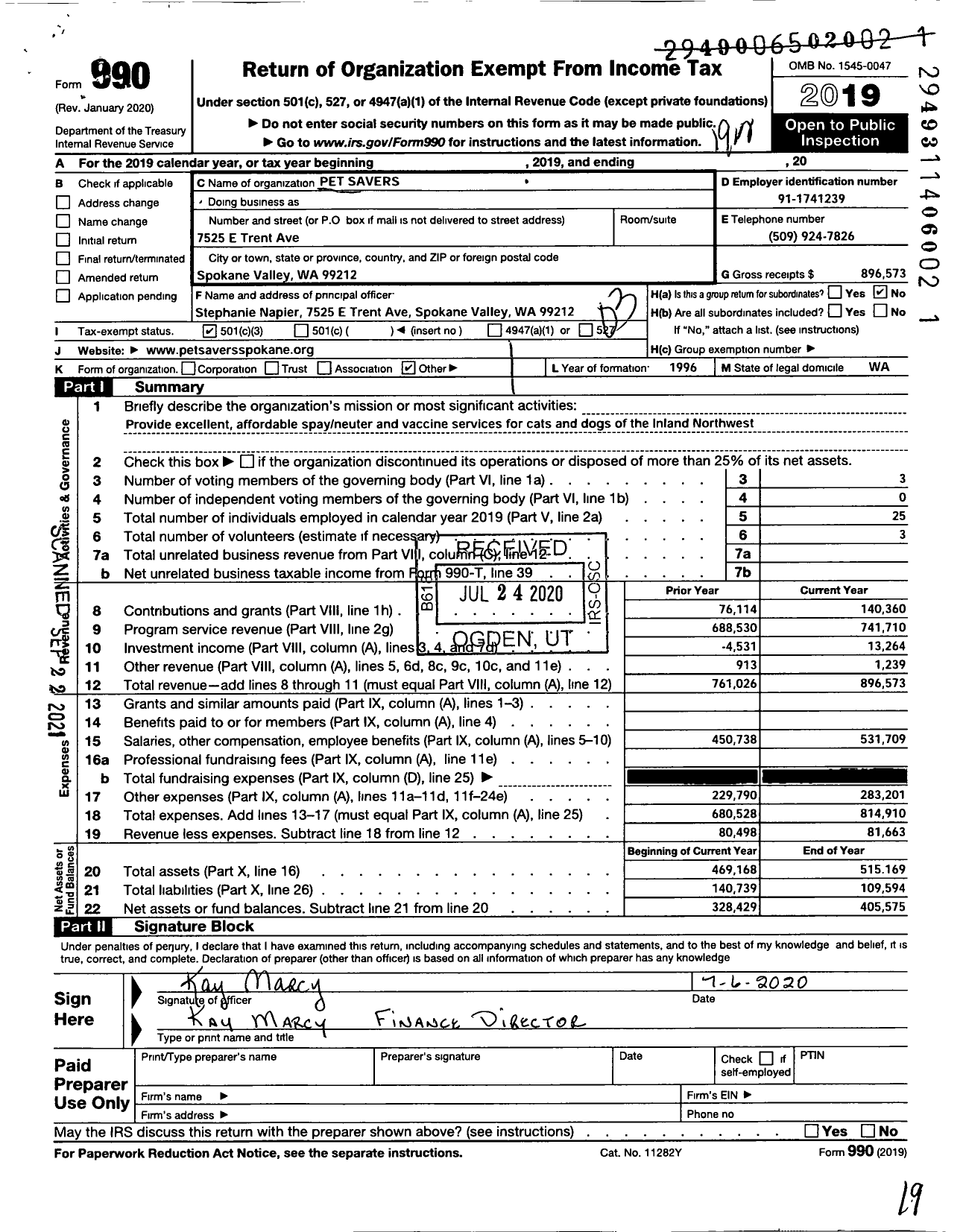 Image of first page of 2019 Form 990 for Pet Savers Abney