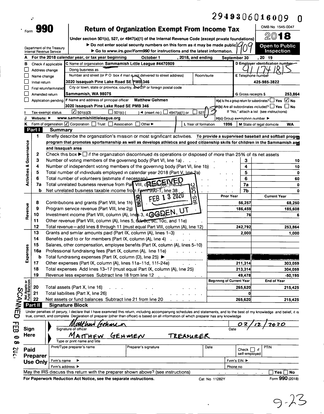 Image of first page of 2018 Form 990 for Little League Baseball - 4470909 Sammamish LL