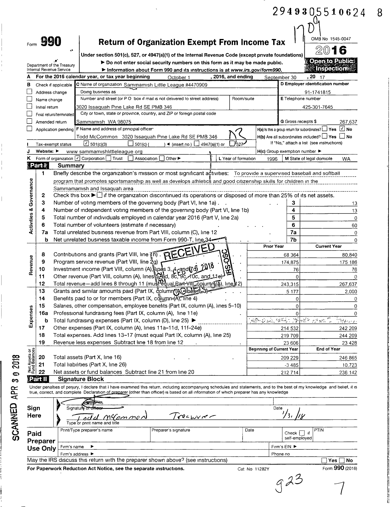 Image of first page of 2016 Form 990 for Little League Baseball - 4470909 Sammamish LL