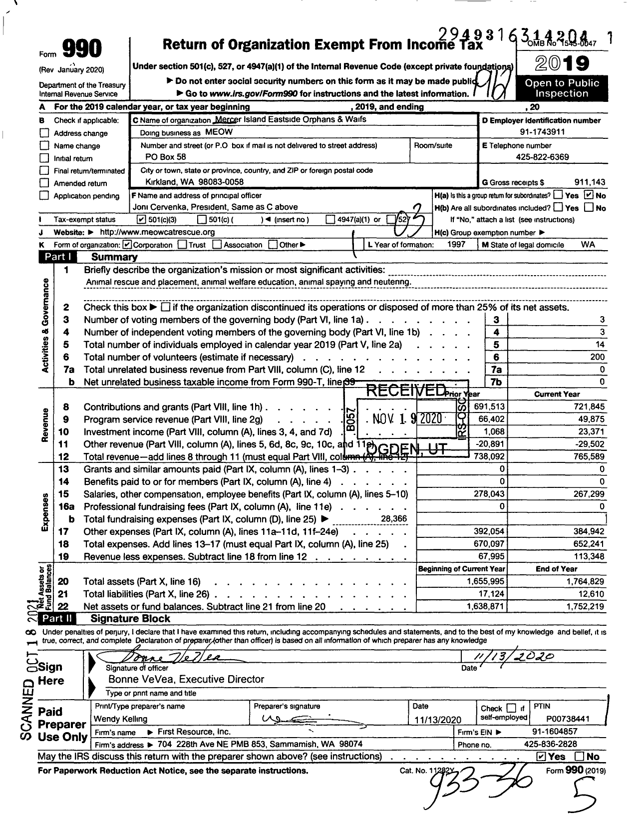 Image of first page of 2019 Form 990 for Mercer Island Eastside Orphans & Waifs MEOW (MEOW)