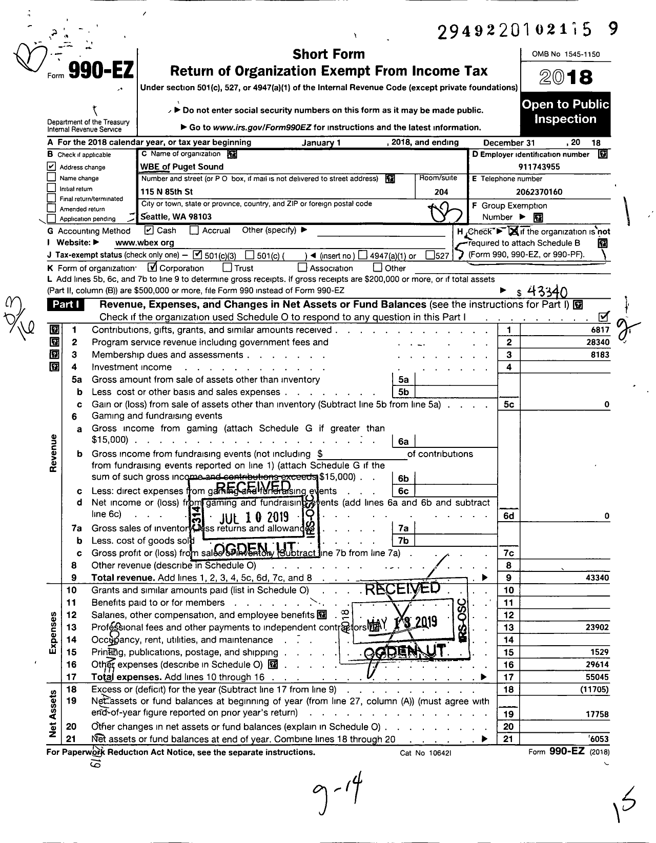 Image of first page of 2018 Form 990EZ for Wbe of Puget Sound