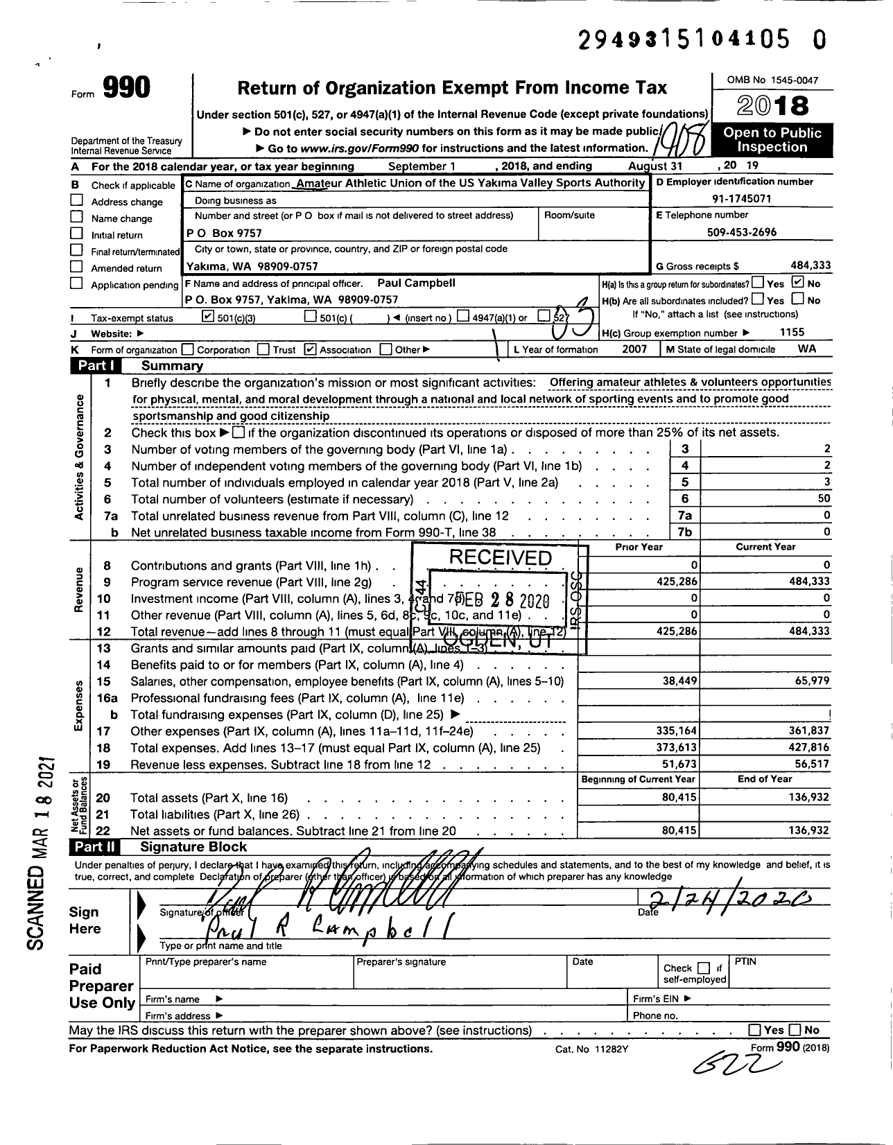 Image of first page of 2018 Form 990 for Amateur Athletic Union - Yakima Valley Sports Authority