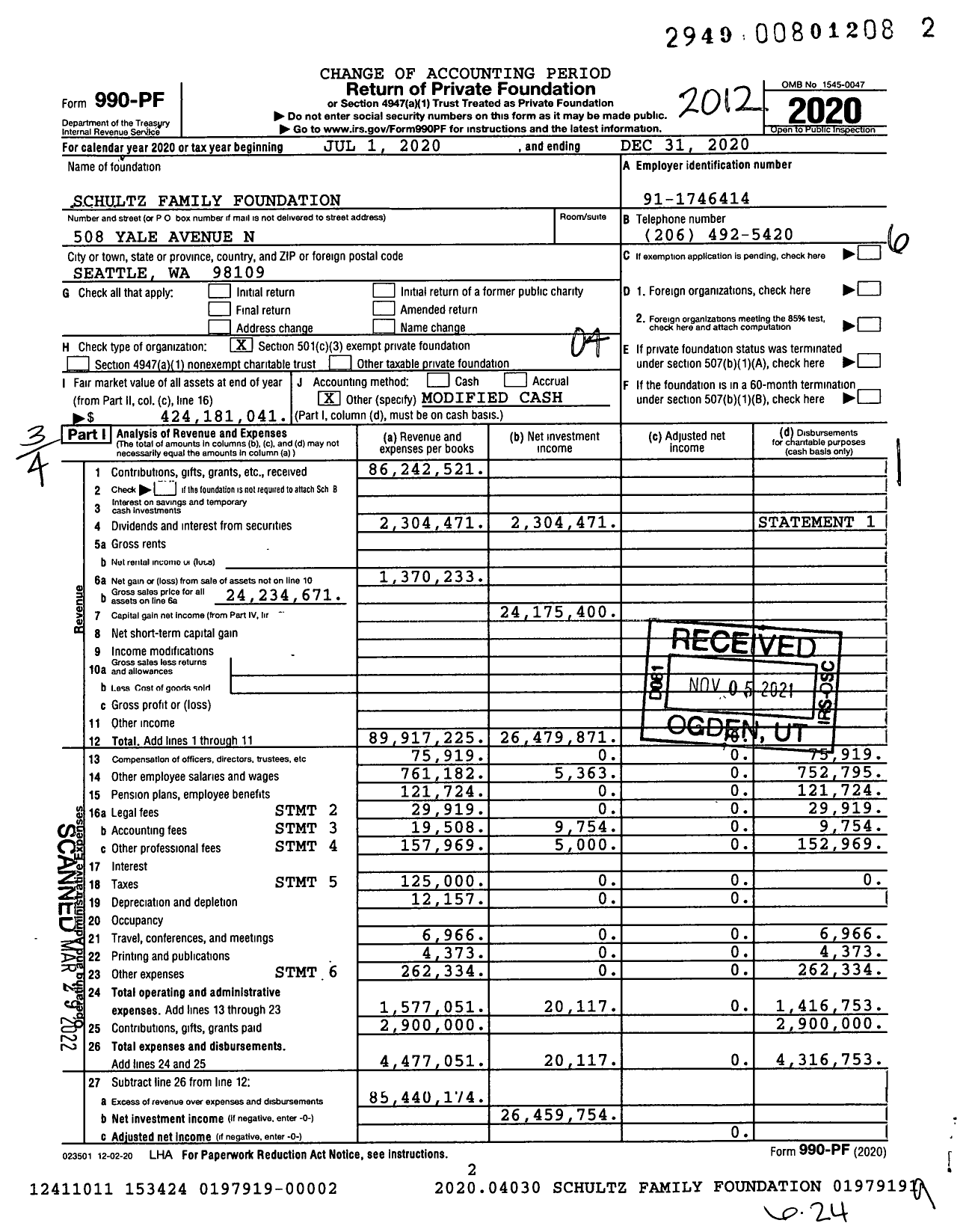 Image of first page of 2020 Form 990PF for Schultz Family Foundation