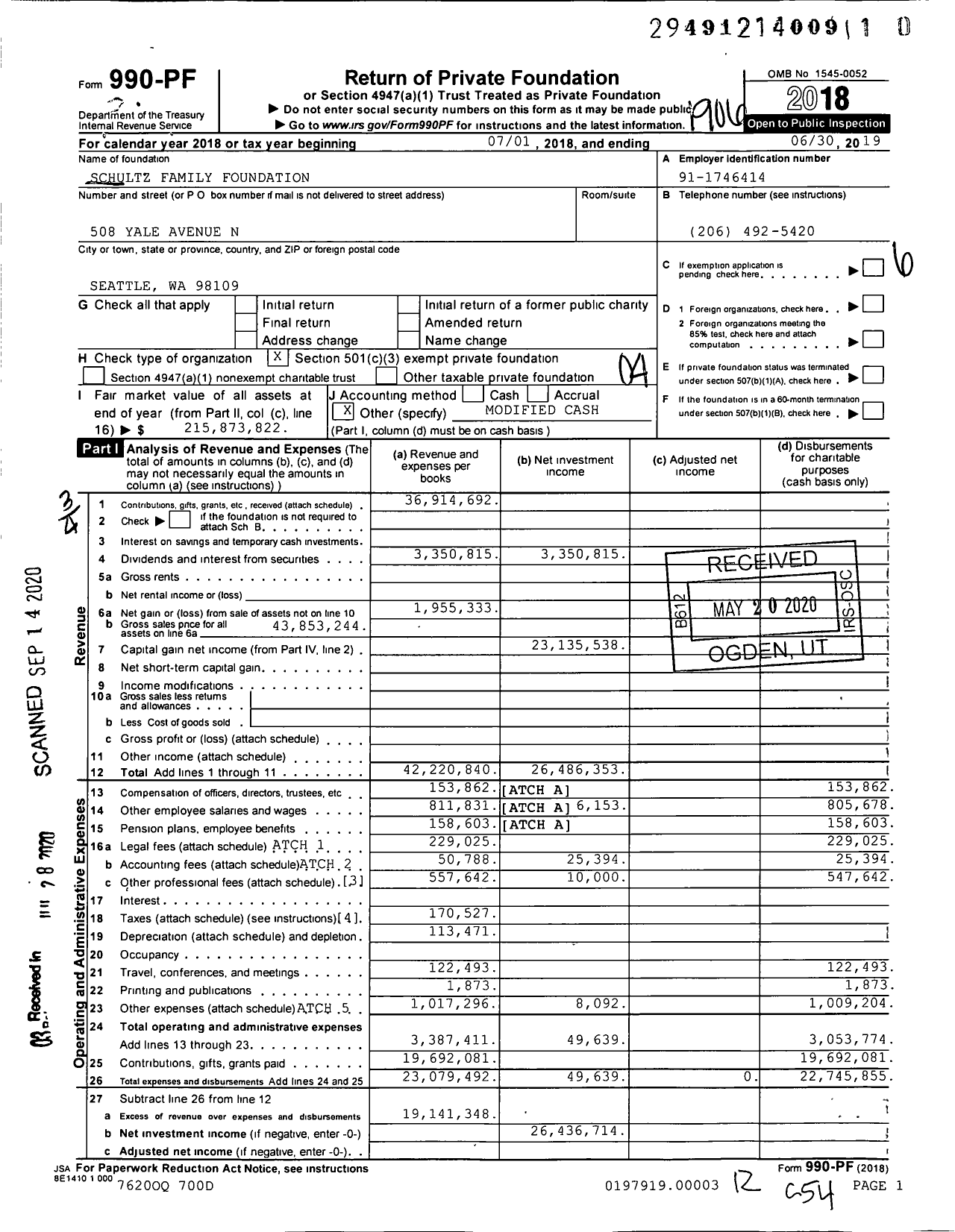 Image of first page of 2018 Form 990PR for Schultz Family Foundation