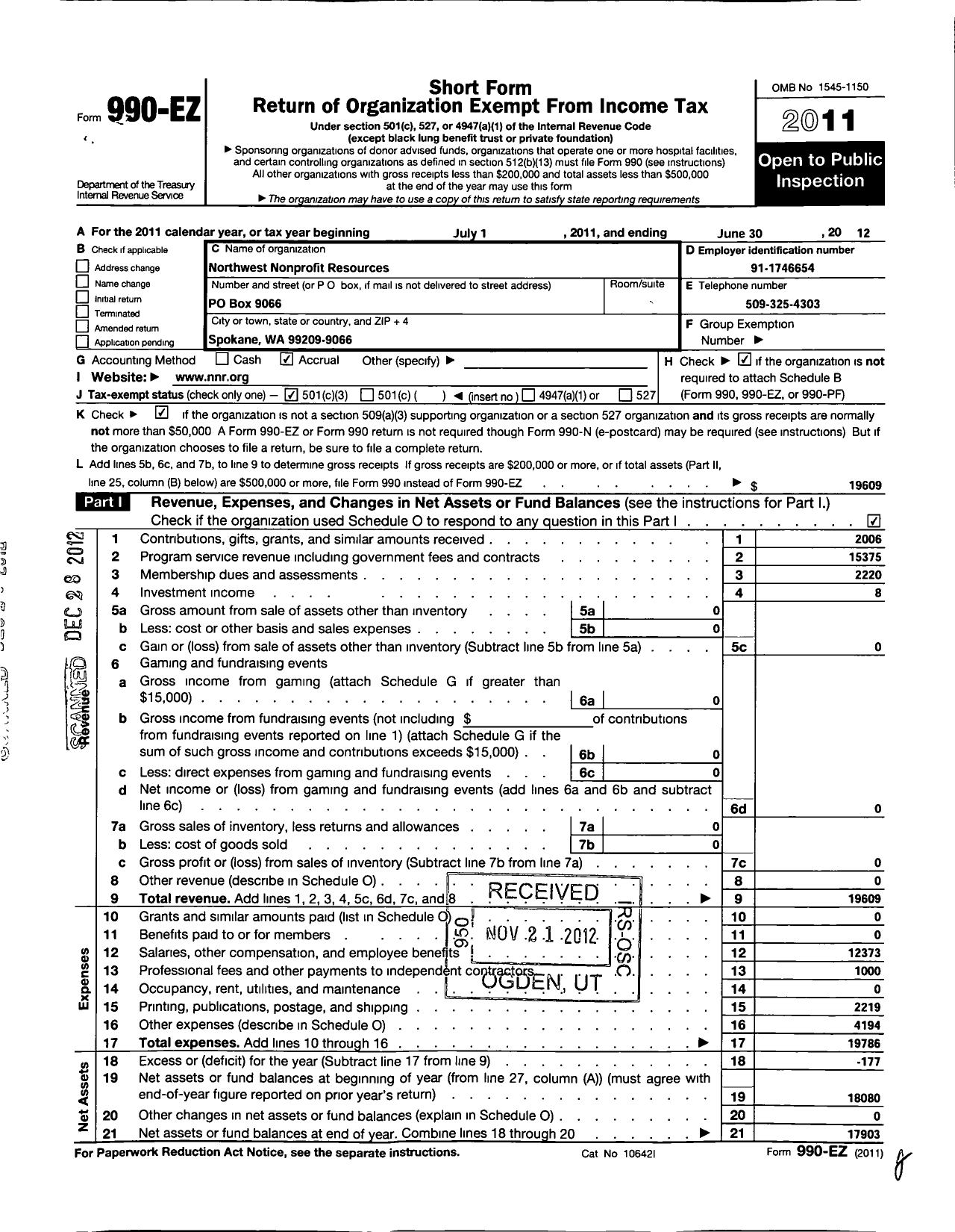 Image of first page of 2011 Form 990EZ for Northwest Nonprofit Resources