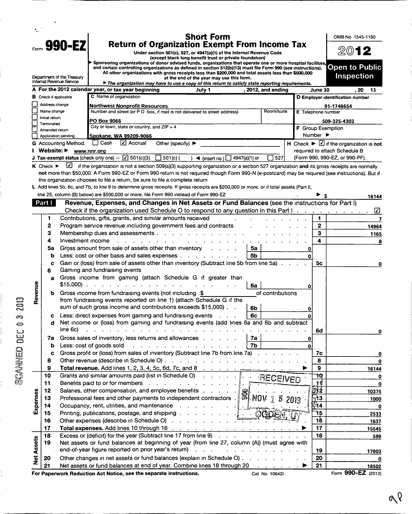 Image of first page of 2012 Form 990EZ for Northwest Nonprofit Resources