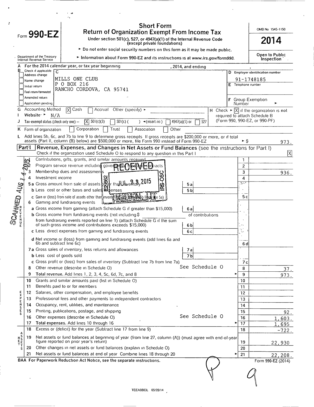 Image of first page of 2014 Form 990EZ for Mills One Club