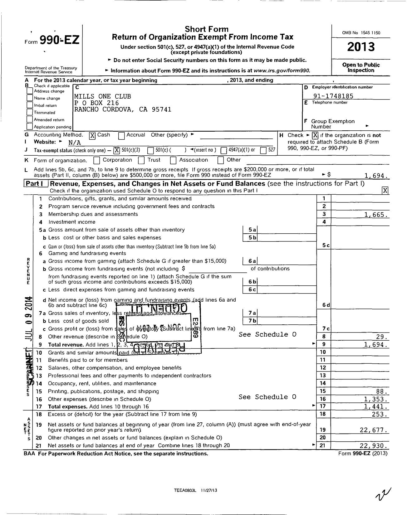 Image of first page of 2013 Form 990EZ for Mills One Club