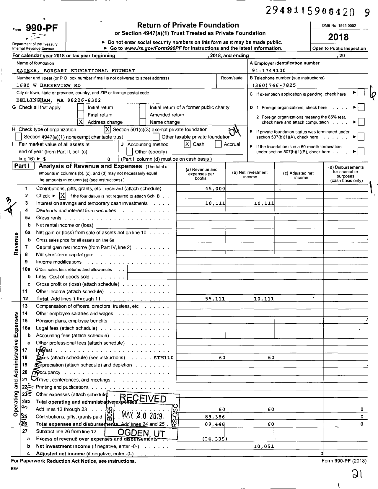 Image of first page of 2018 Form 990PF for Kaiser Borsari Educational Foundation