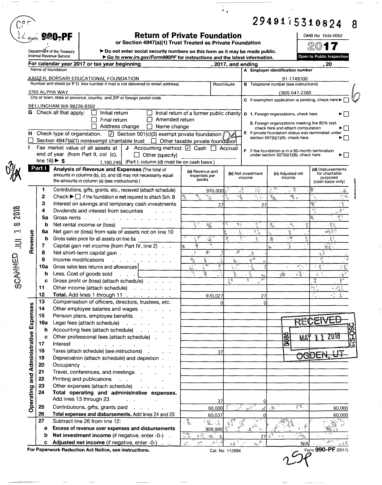 Image of first page of 2017 Form 990PF for Kaiser Borsari Educational Foundation