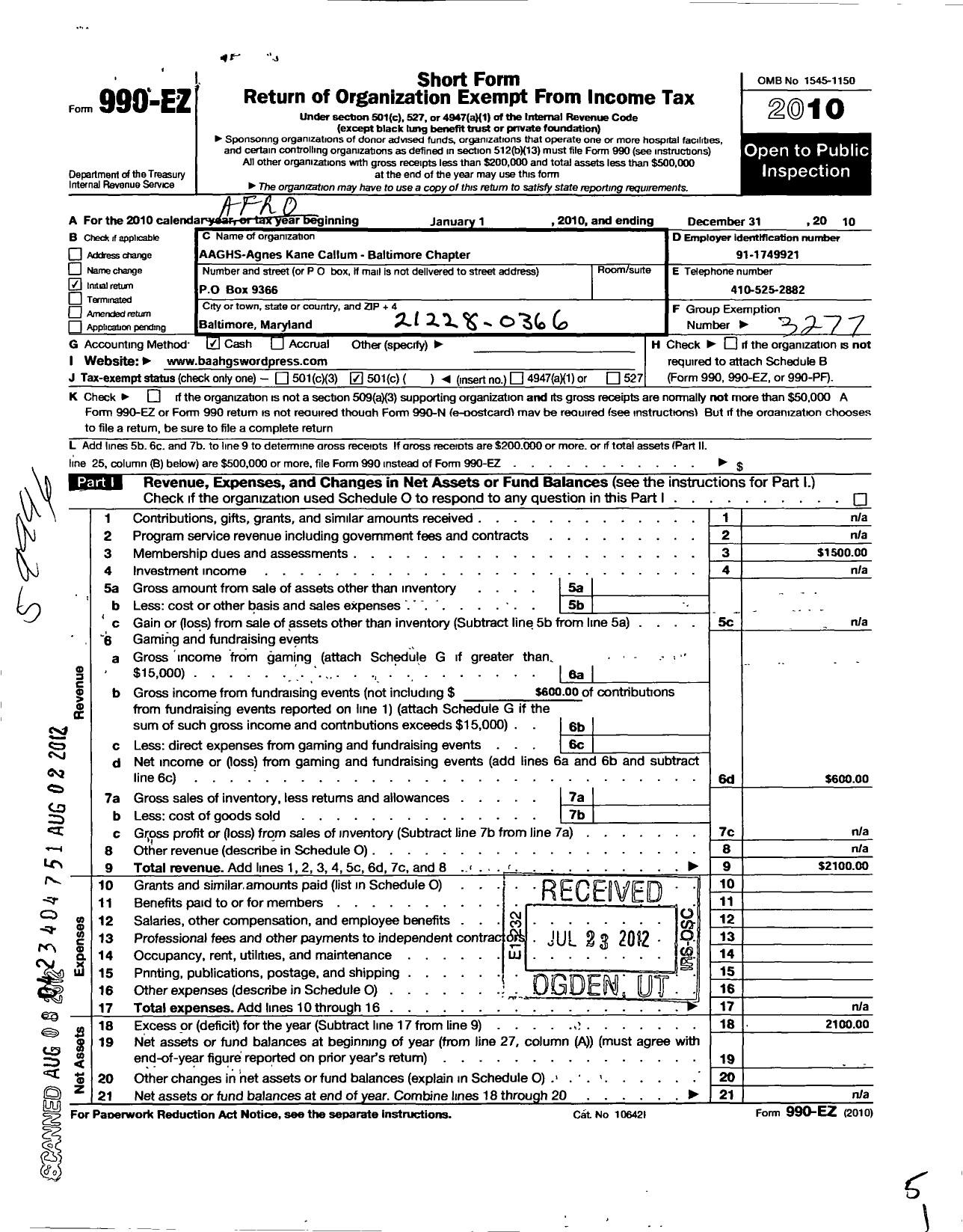 Image of first page of 2010 Form 990EO for Afro-American Historical and Genealogical Society / Agnes Cane Cullum Chapter