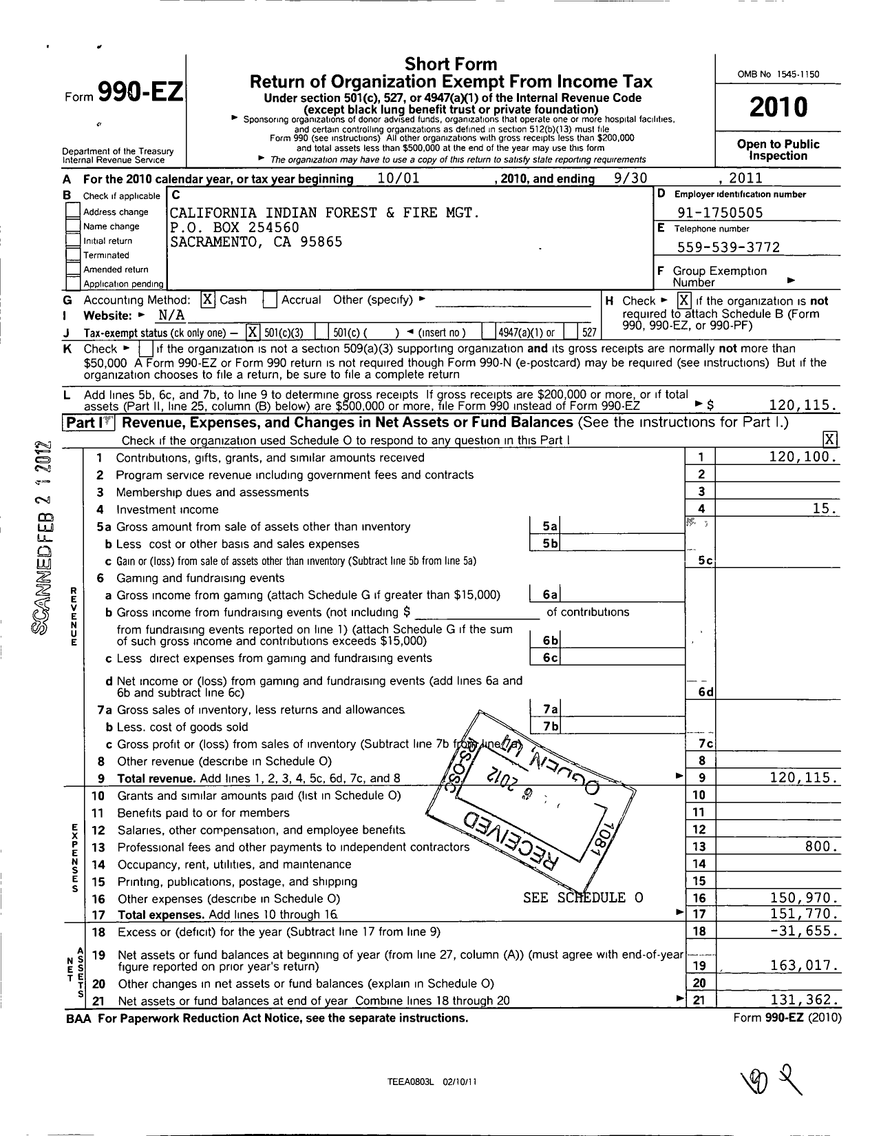 Image of first page of 2010 Form 990EZ for California Indian Forest and Fire Management Council