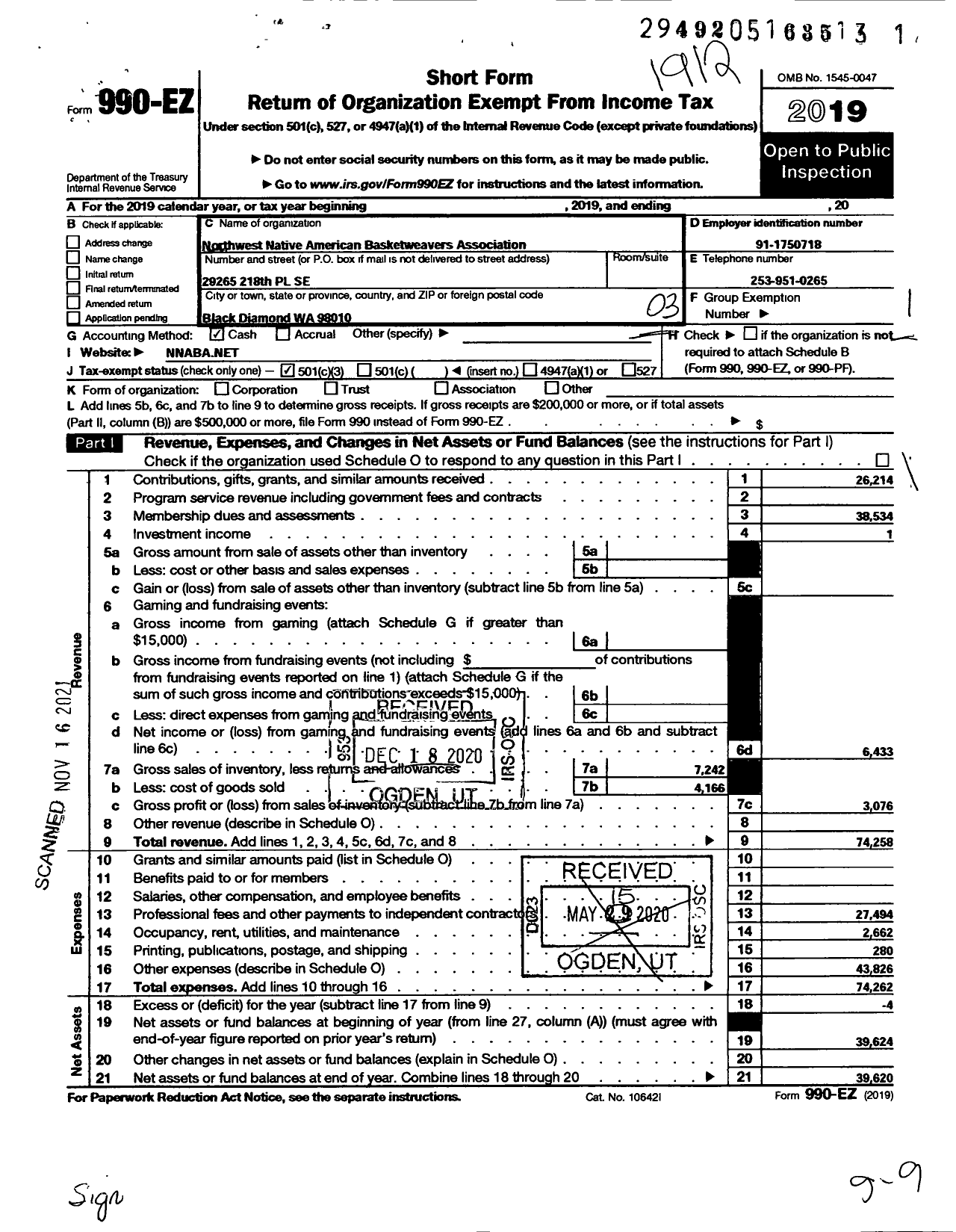 Image of first page of 2019 Form 990EZ for Northwest Native American Basketweavers Association