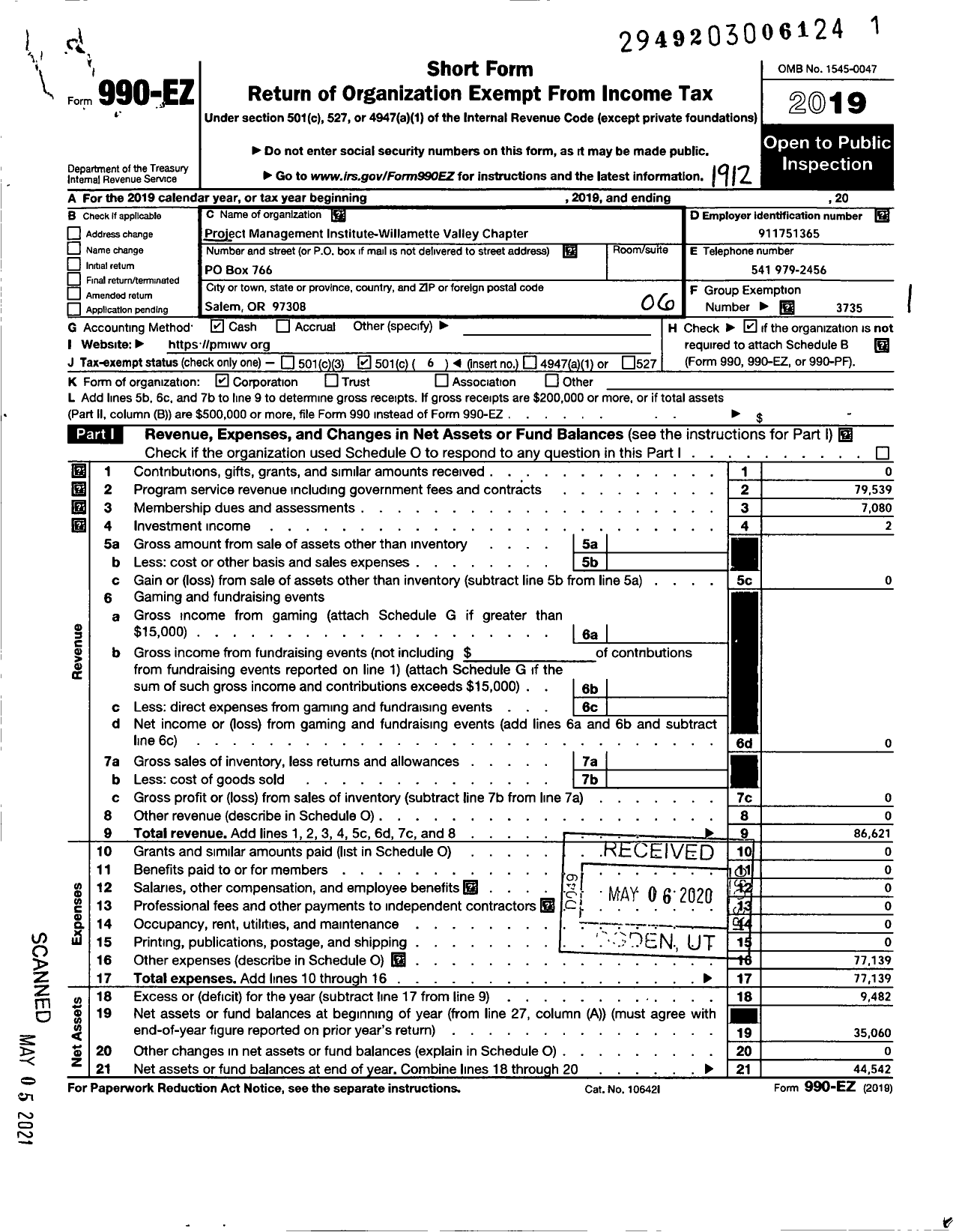 Image of first page of 2019 Form 990EO for Project Management Institute-Willamette Valley