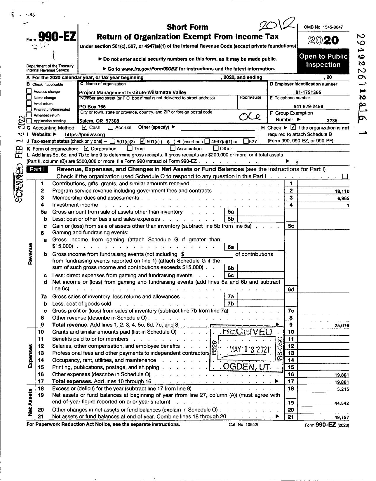 Image of first page of 2020 Form 990EO for Project Management Institute-Willamette Valley