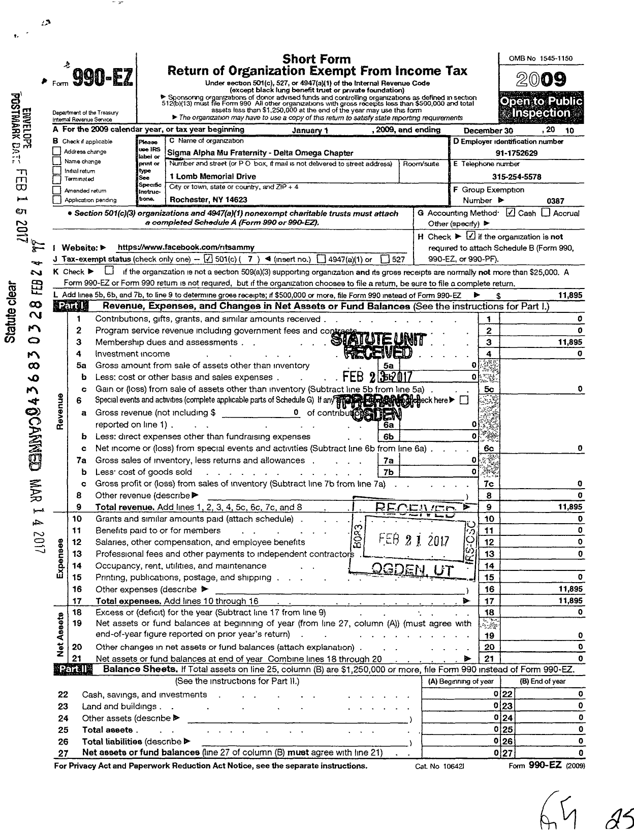 Image of first page of 2010 Form 990EO for Sigma Alpha Mu Fraternity / Sigma Alpha Mu-Delta Omega