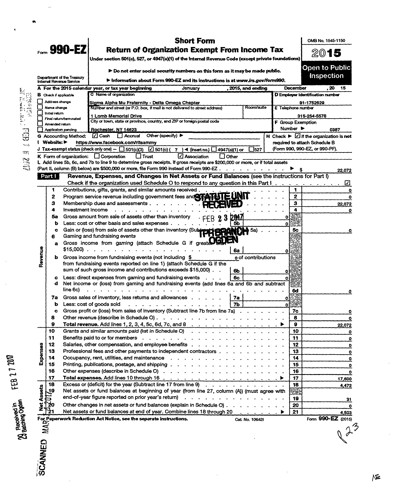 Image of first page of 2015 Form 990EO for Sigma Alpha Mu Fraternity / Sigma Alpha Mu-Delta Omega