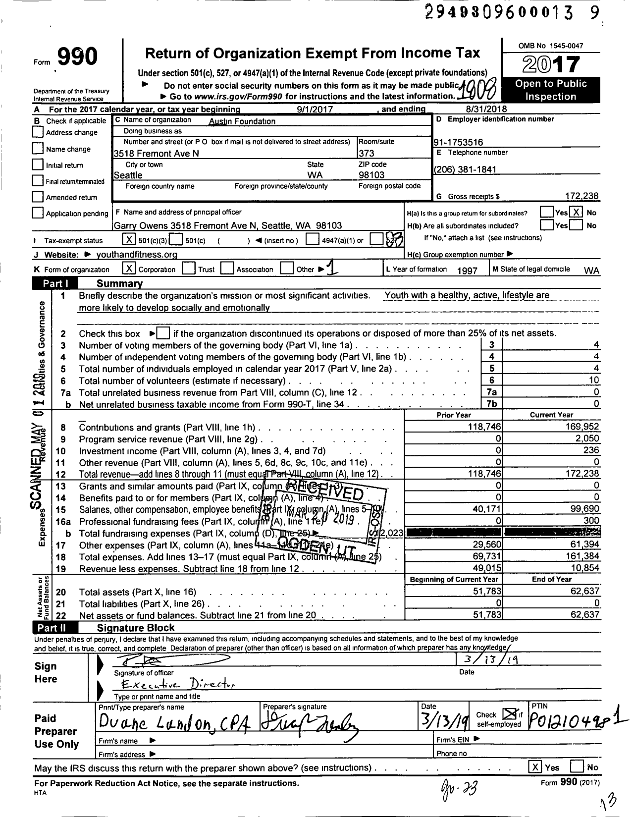 Image of first page of 2017 Form 990 for Austin Foundation