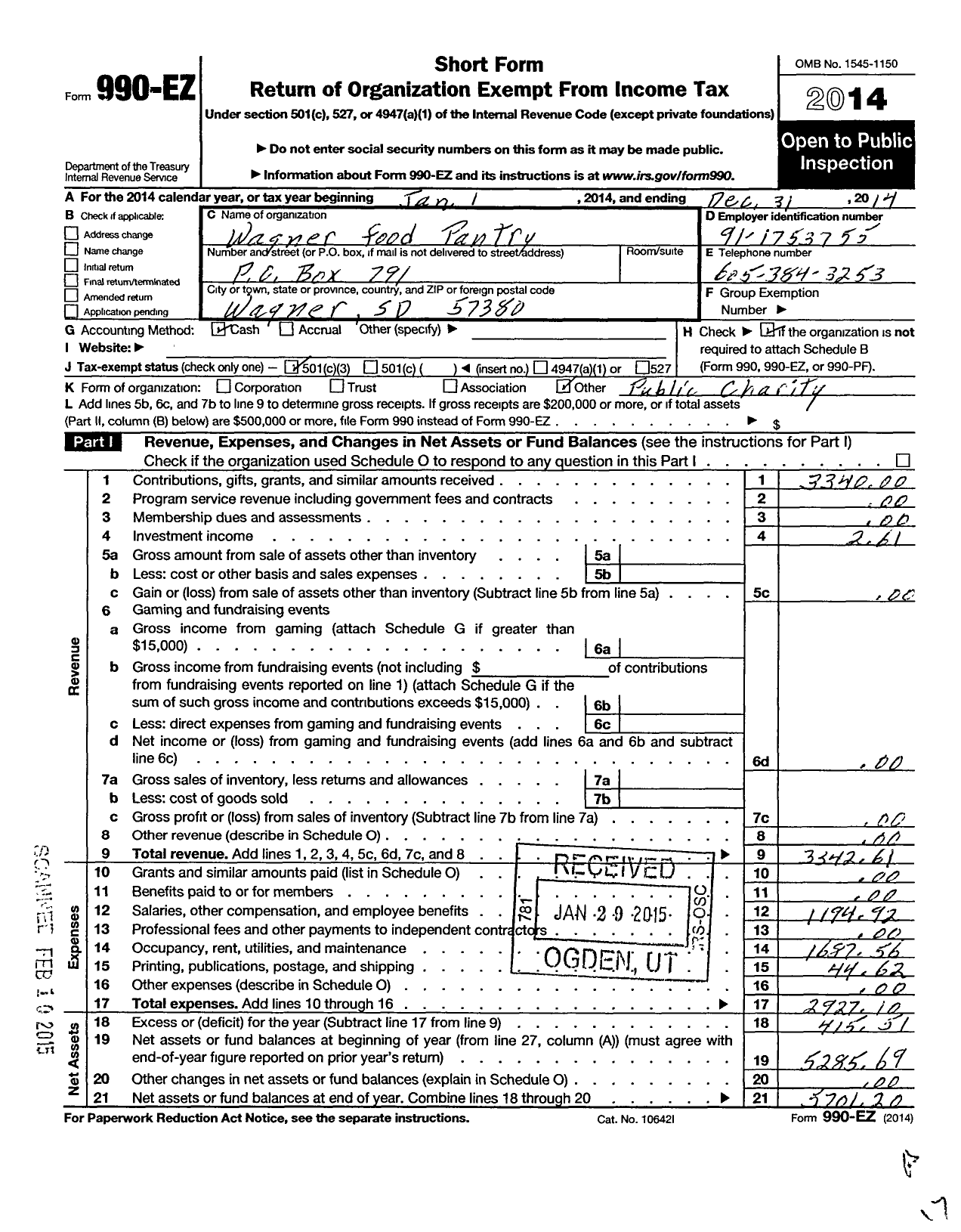 Image of first page of 2014 Form 990EZ for Wagner Food Pantry