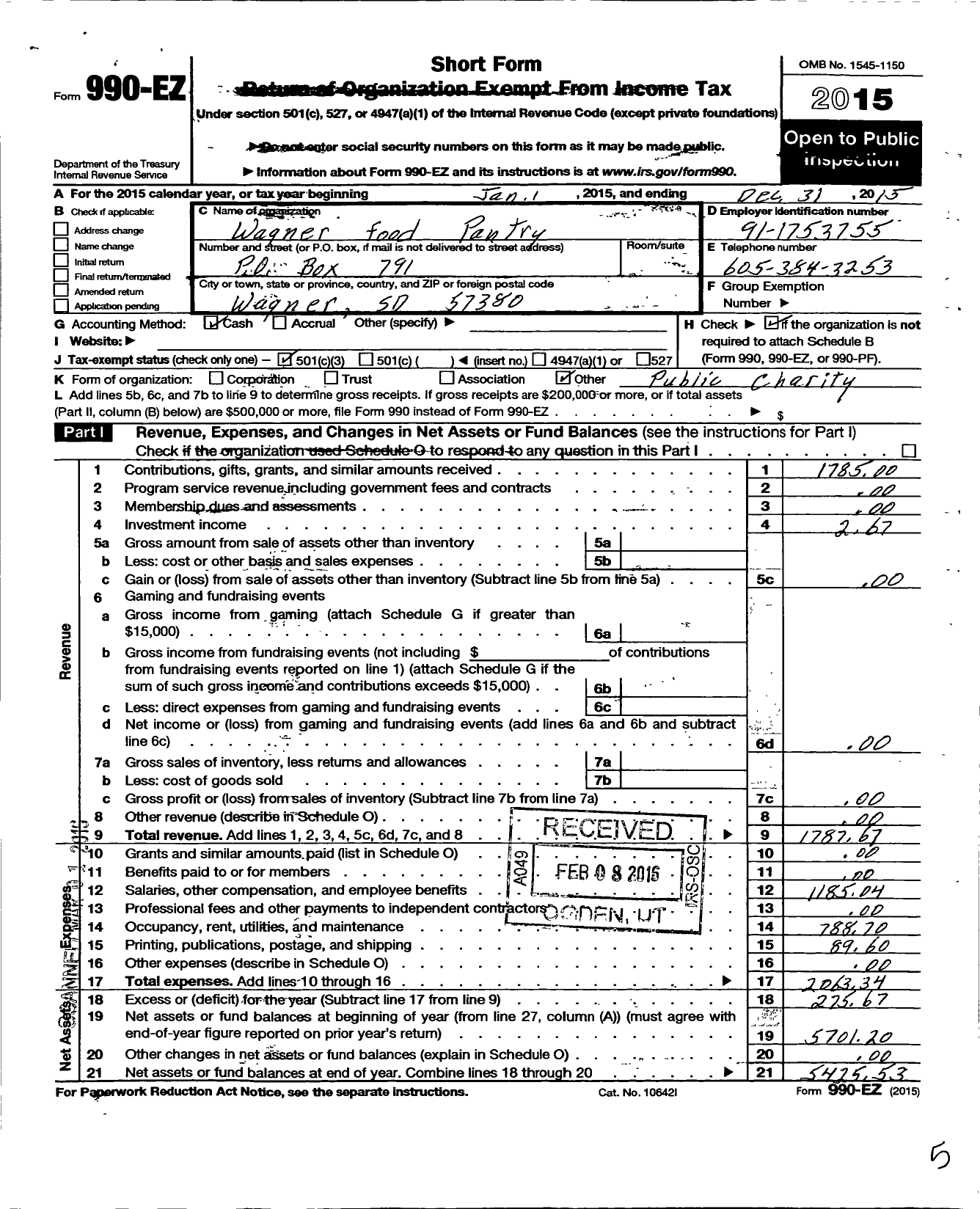 Image of first page of 2015 Form 990EZ for Wagner Food Pantry