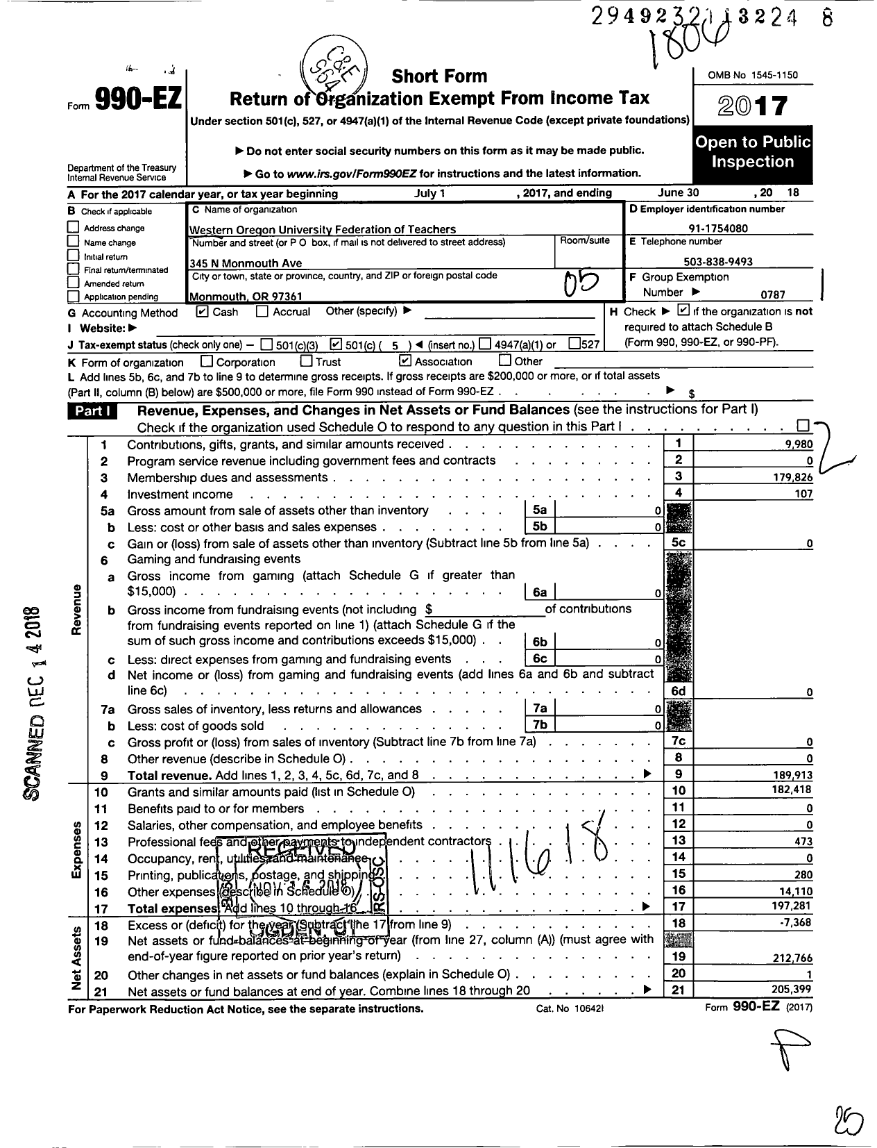 Image of first page of 2017 Form 990EO for American Federation of Teachers - 2278 Western Oregon Univ Fed of Tea