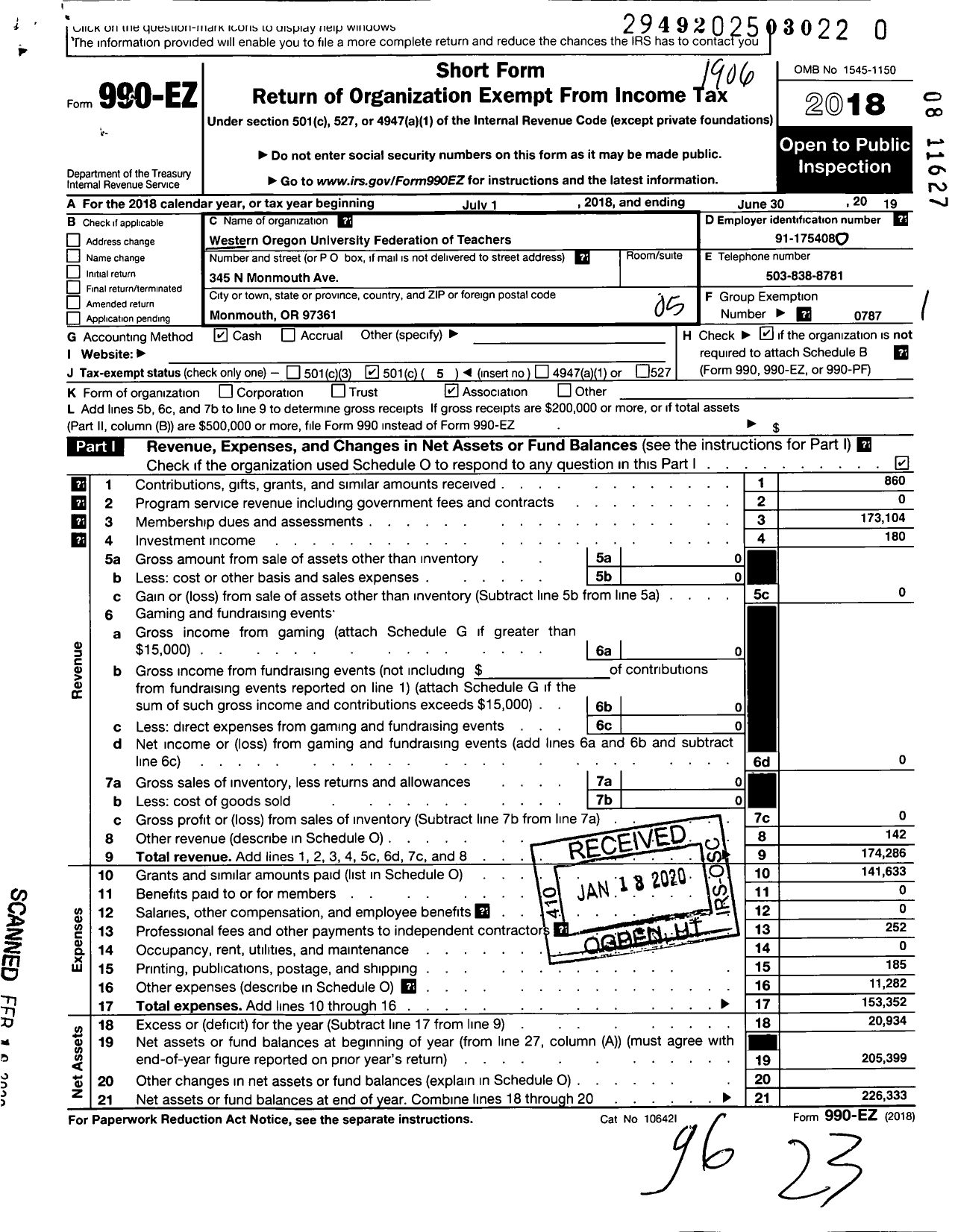 Image of first page of 2018 Form 990EO for American Federation of Teachers - 2278 Western Oregon Univ Fed of Tea