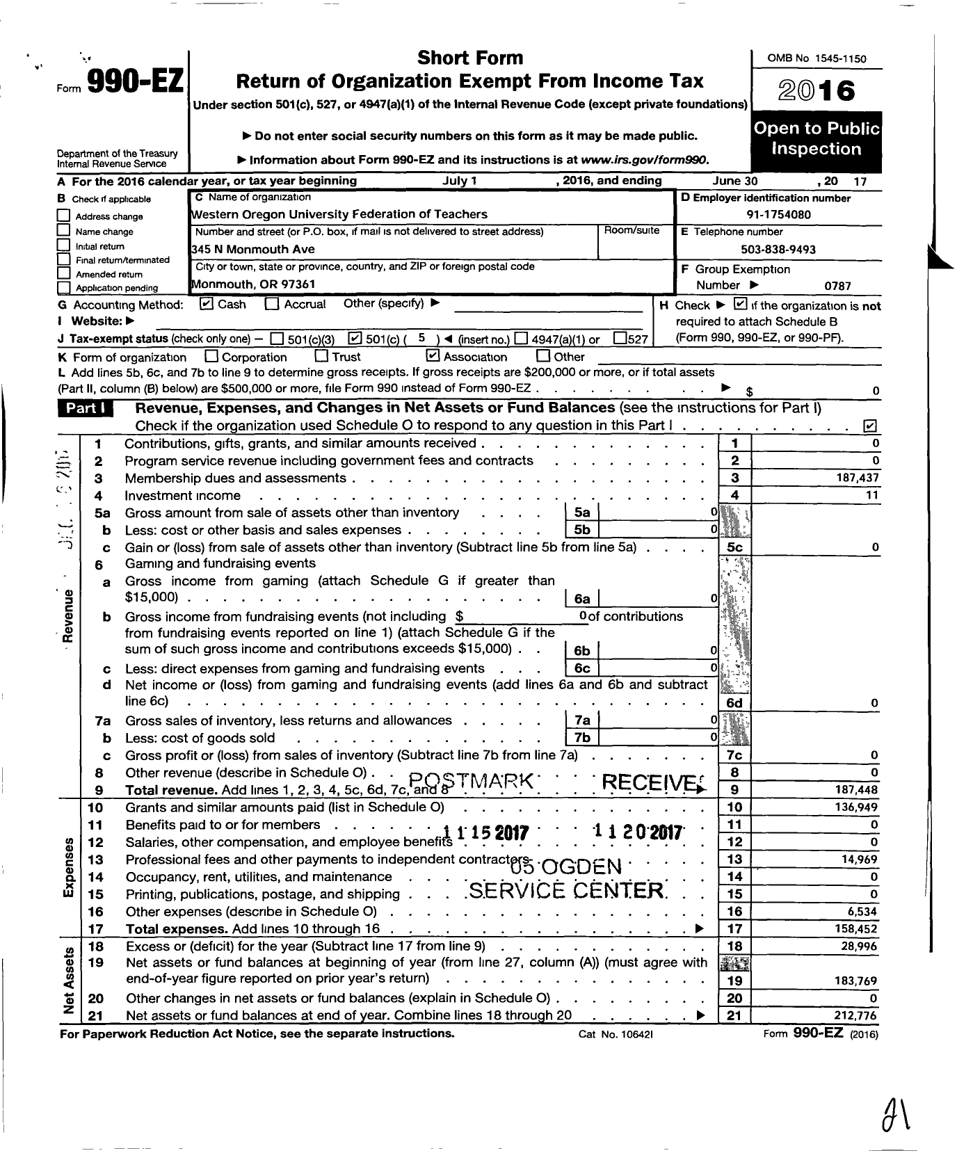 Image of first page of 2016 Form 990EO for American Federation of Teachers - 2278 Western Oregon Univ Fed of Tea