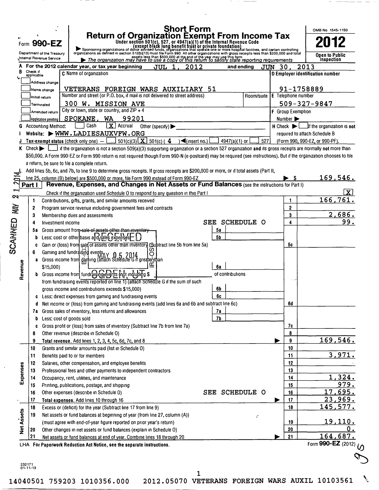 Image of first page of 2012 Form 990EO for Veterans Foreign Wars Auxiliary