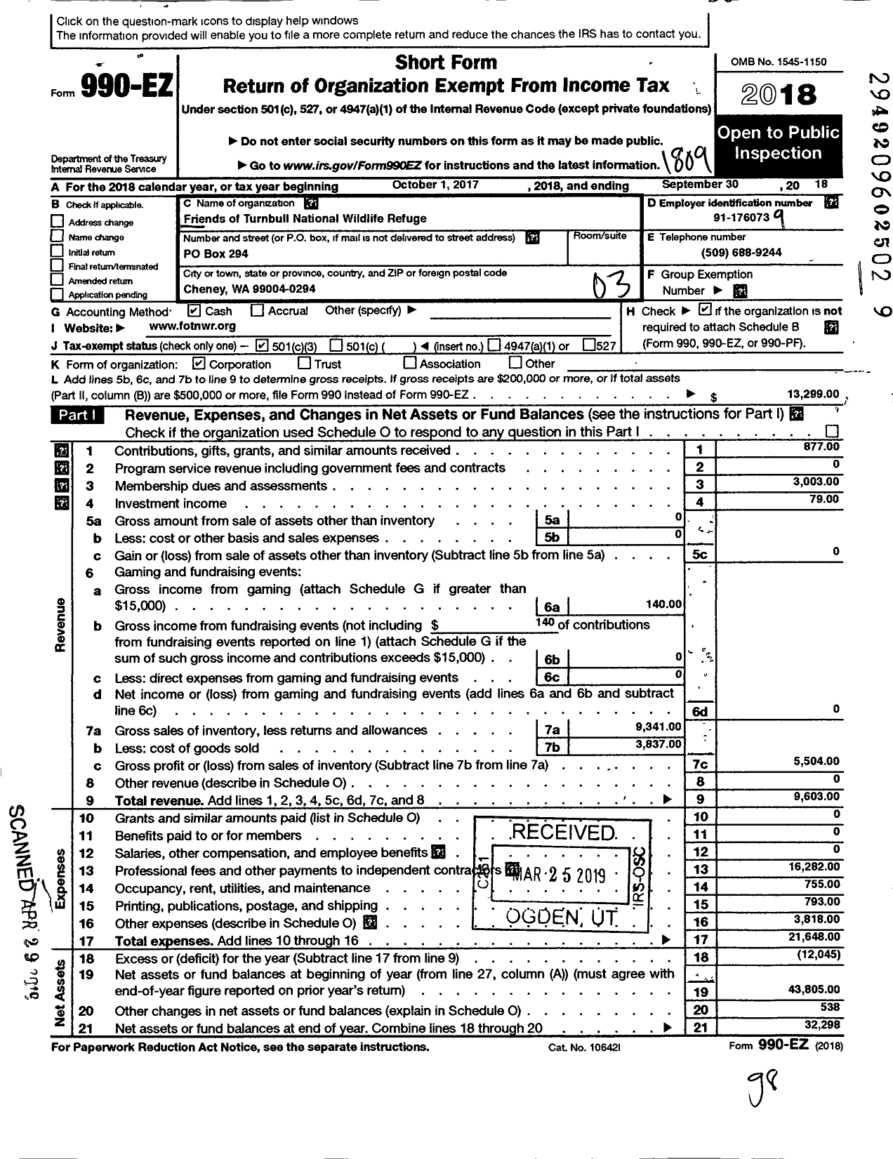 Image of first page of 2017 Form 990EZ for Friends of Turnbull National Wildlife Refuge