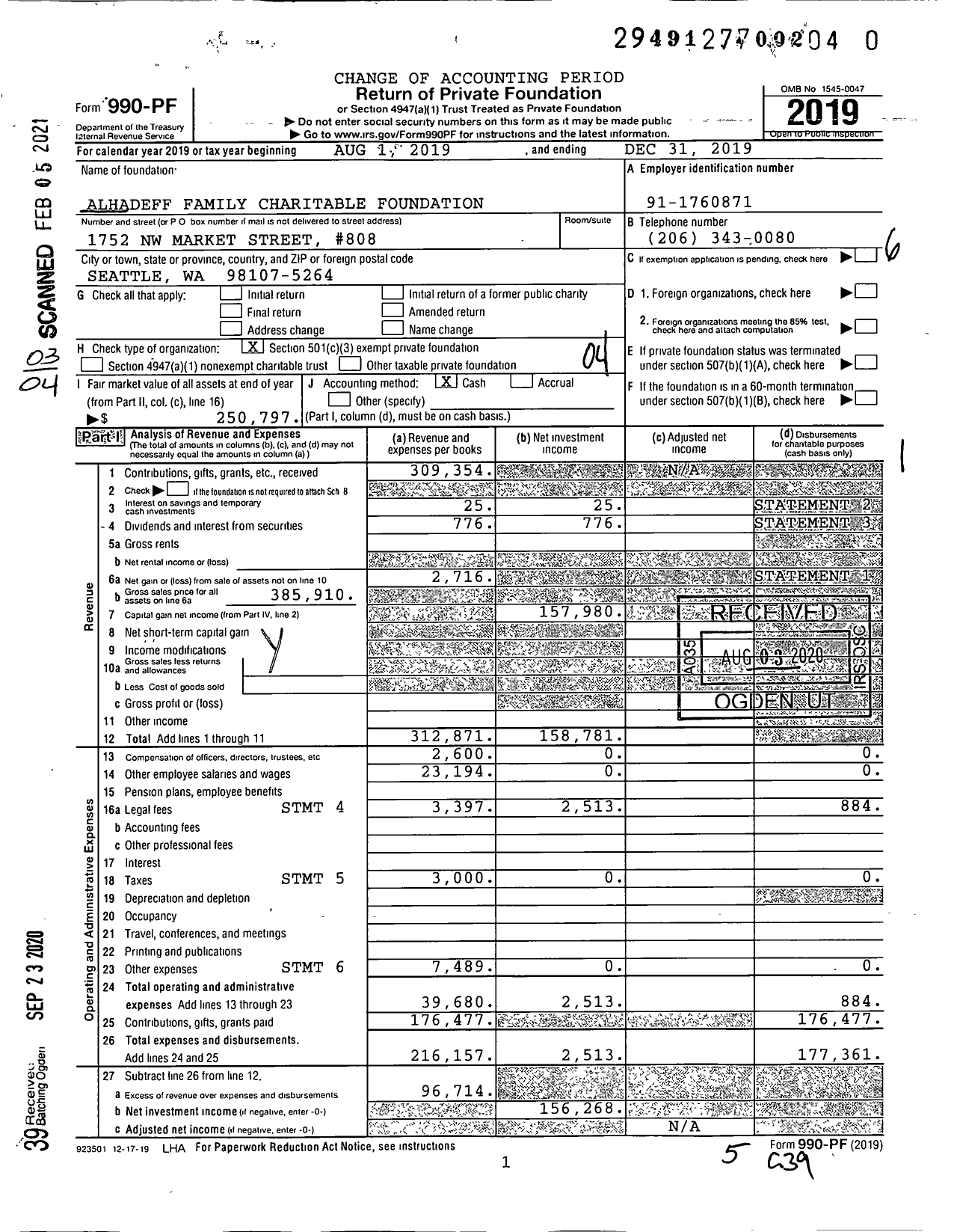 Image of first page of 2019 Form 990PF for Alhadeff Family Charitable Foundation