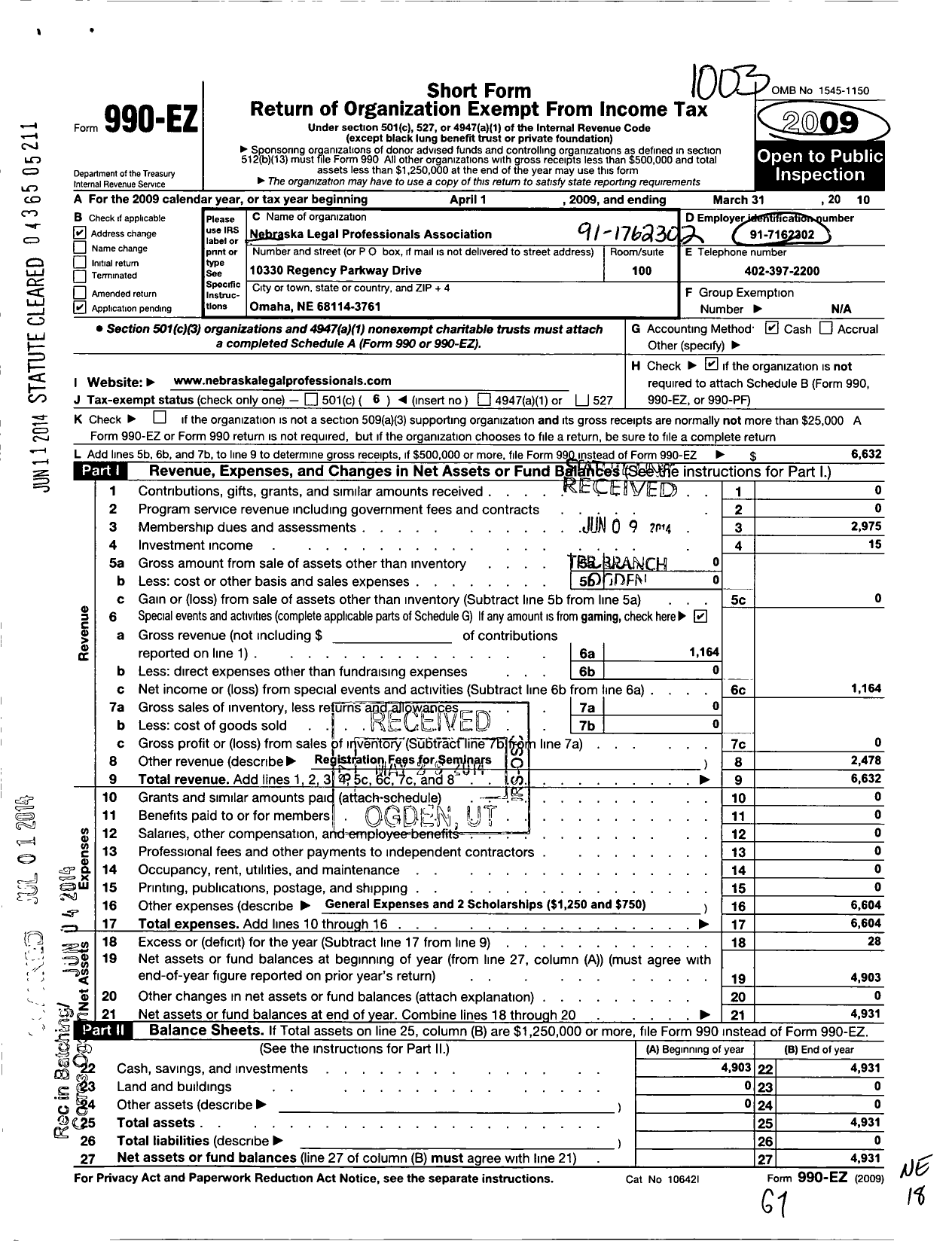 Image of first page of 2009 Form 990EO for Nebraska Legal Professionals Association