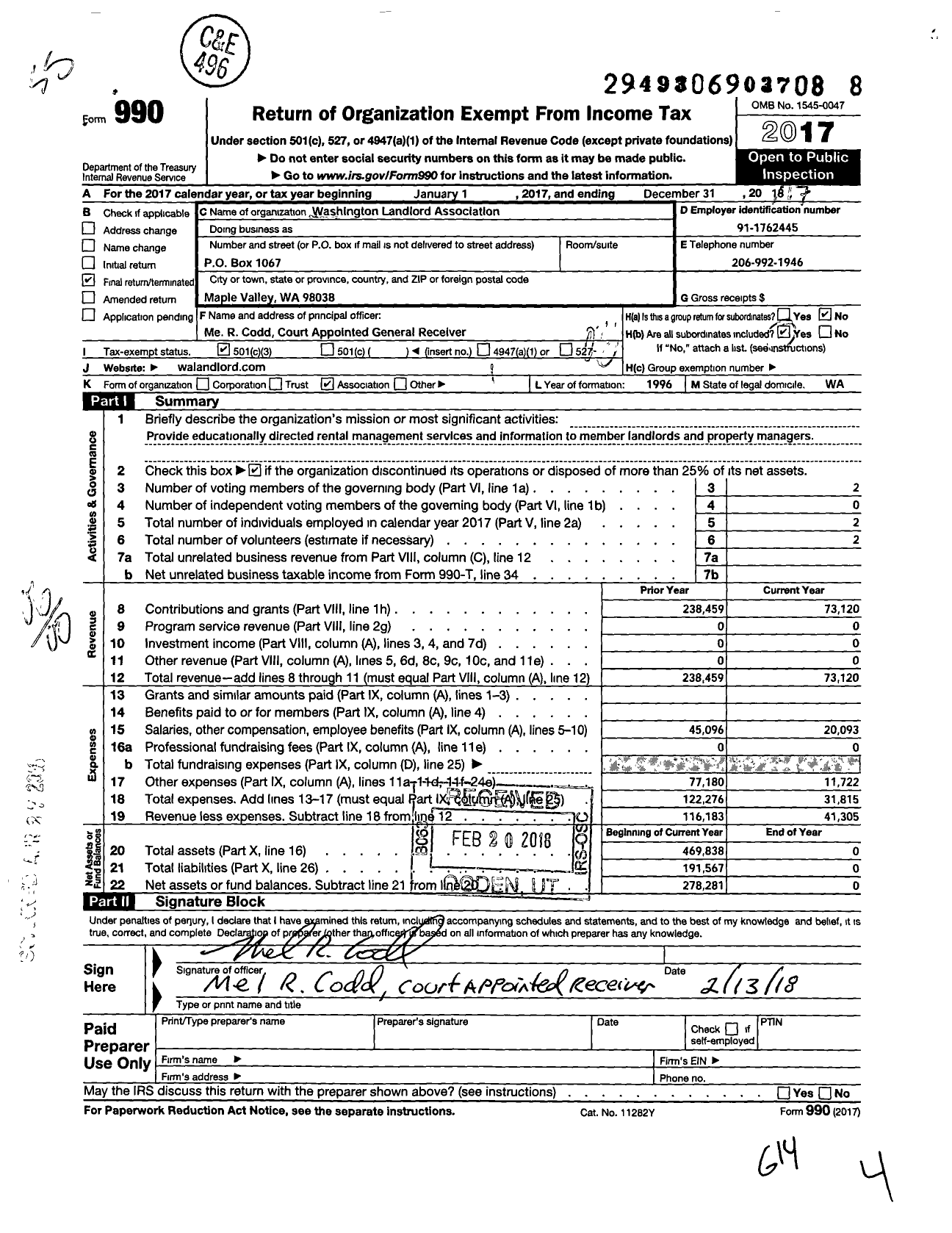 Image of first page of 2017 Form 990O for Washington Landlord Association