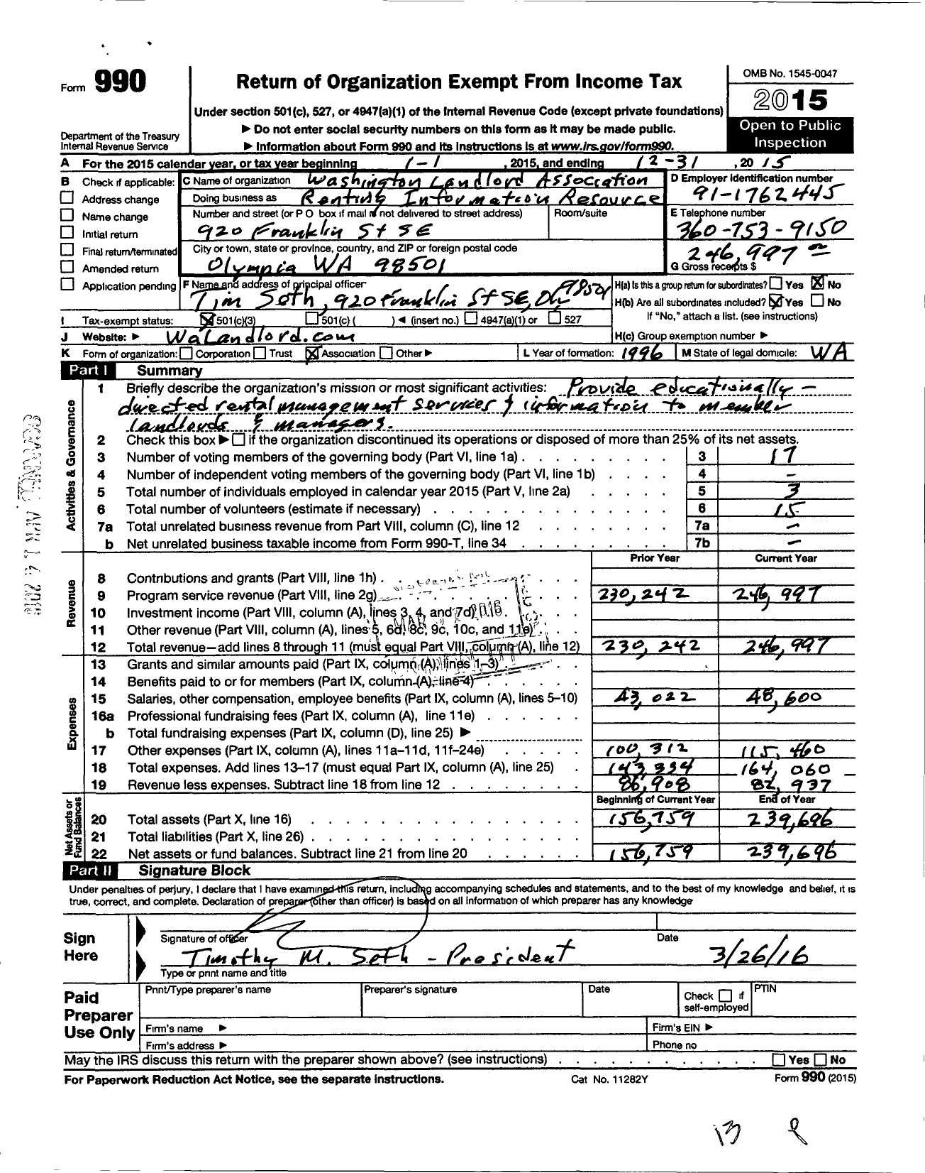 Image of first page of 2015 Form 990 for Washington Landlord Association