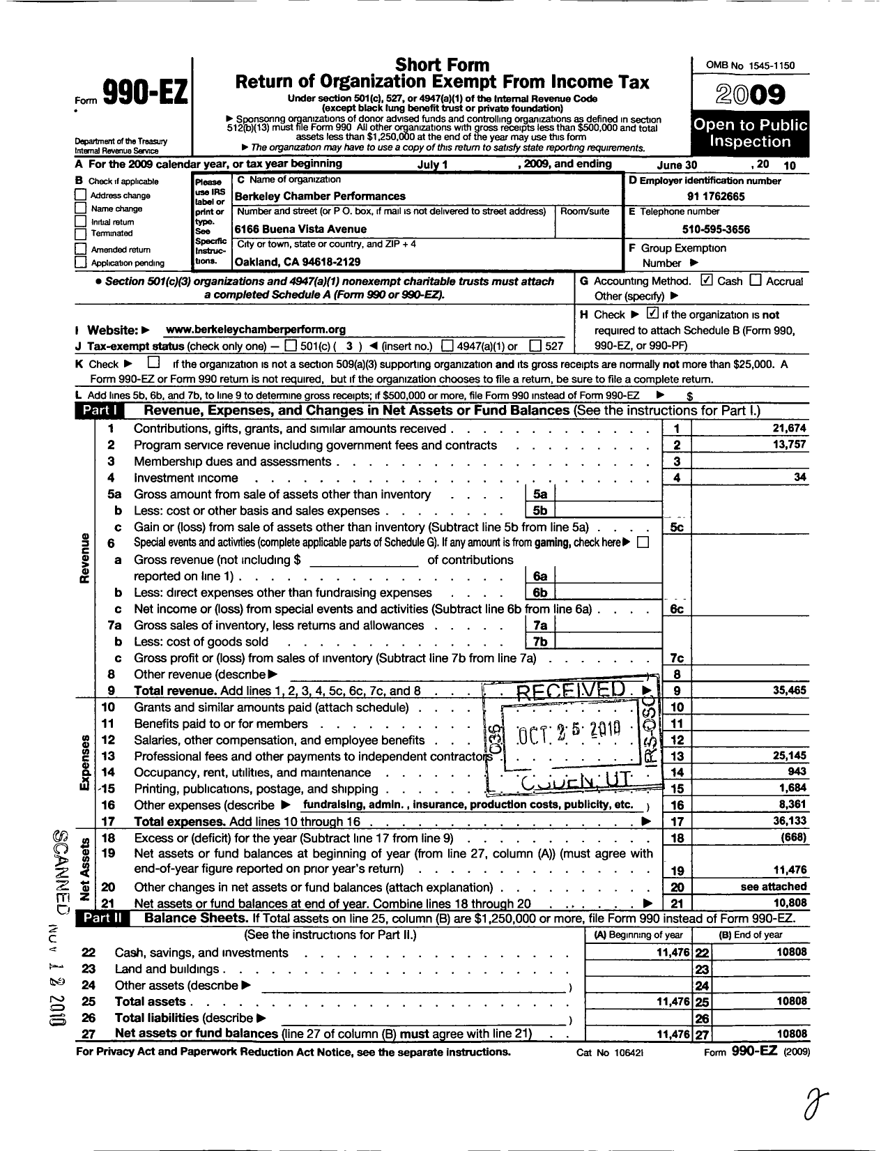 Image of first page of 2009 Form 990EZ for Berkeley Chamber Performances