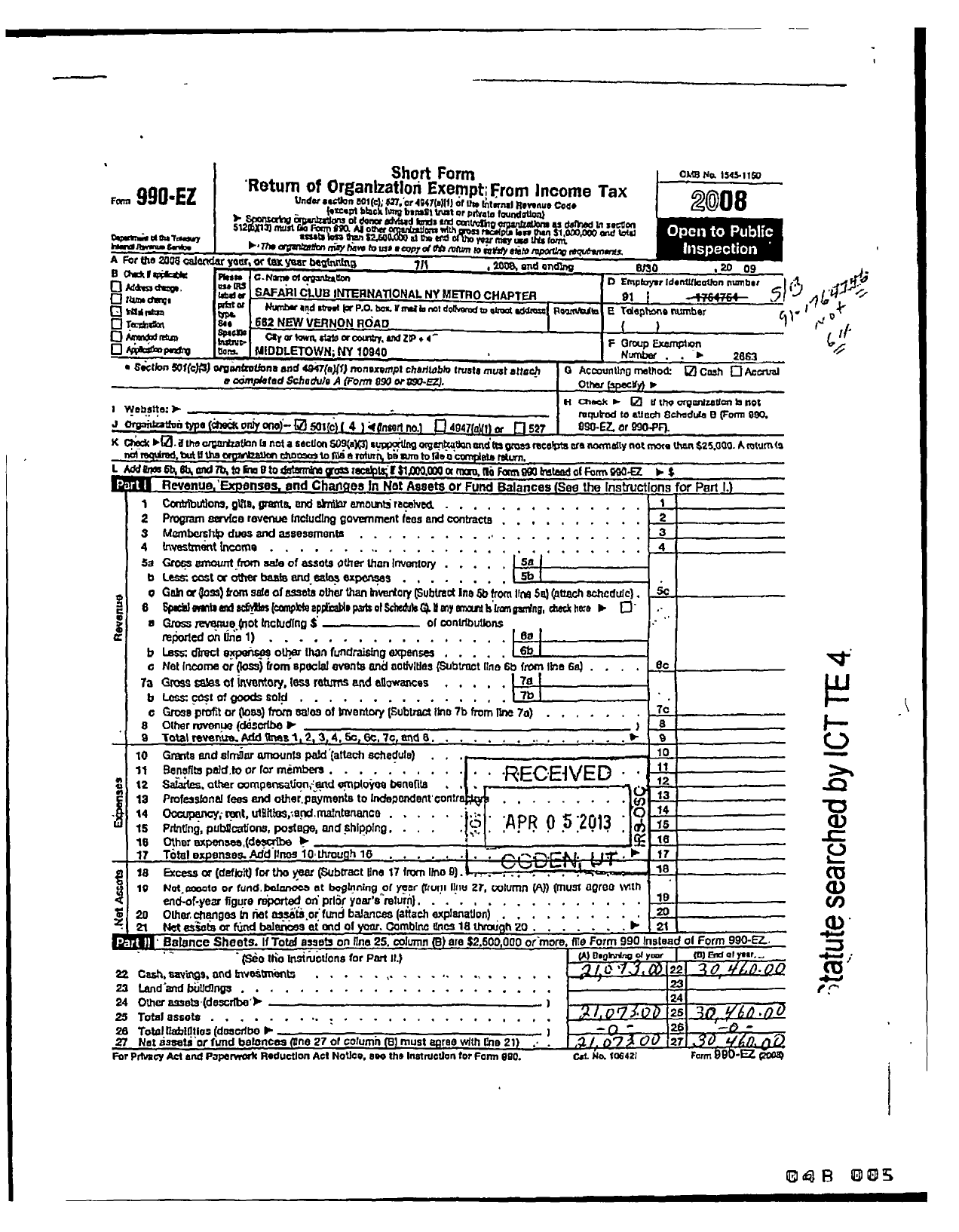 Image of first page of 2008 Form 990EOR for Safari Club International / New York Metro Chapter