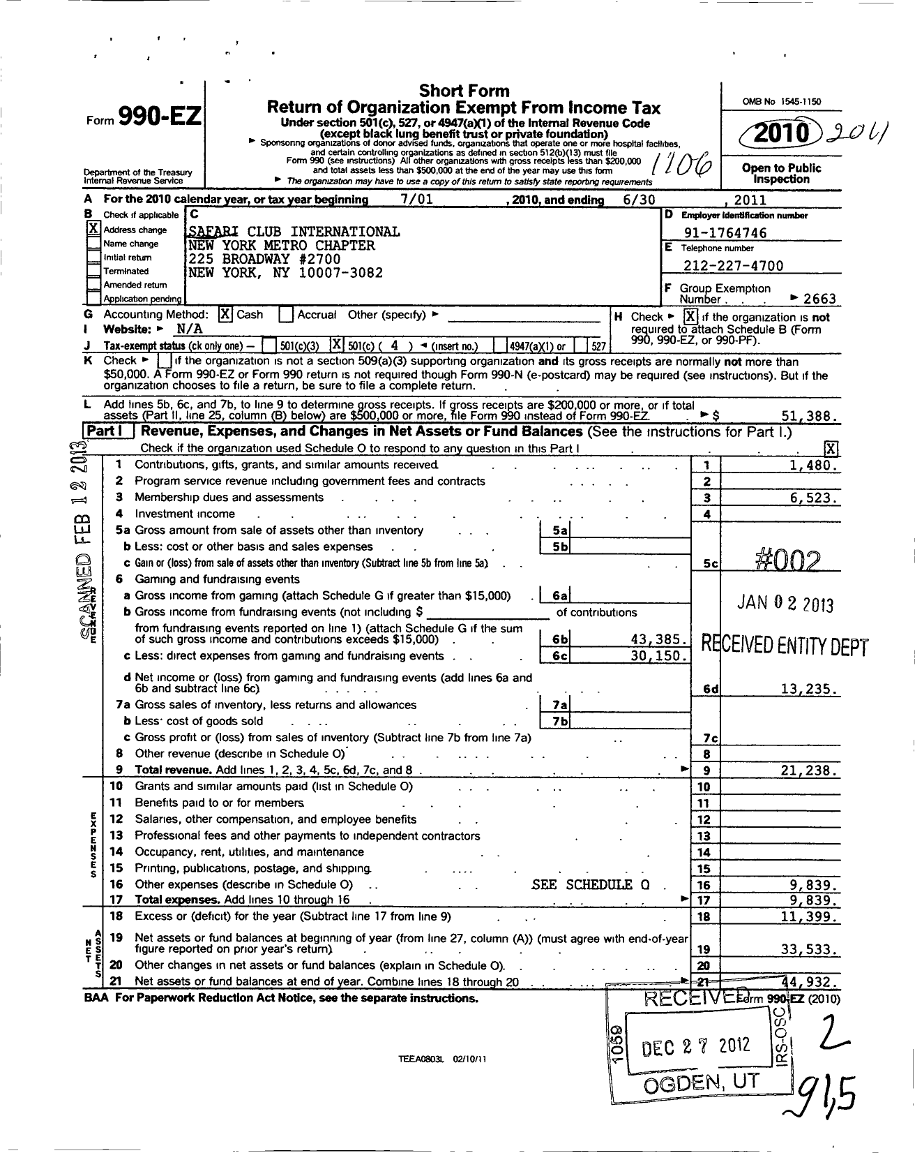 Image of first page of 2010 Form 990EO for Safari Club International / New York Metro Chapter