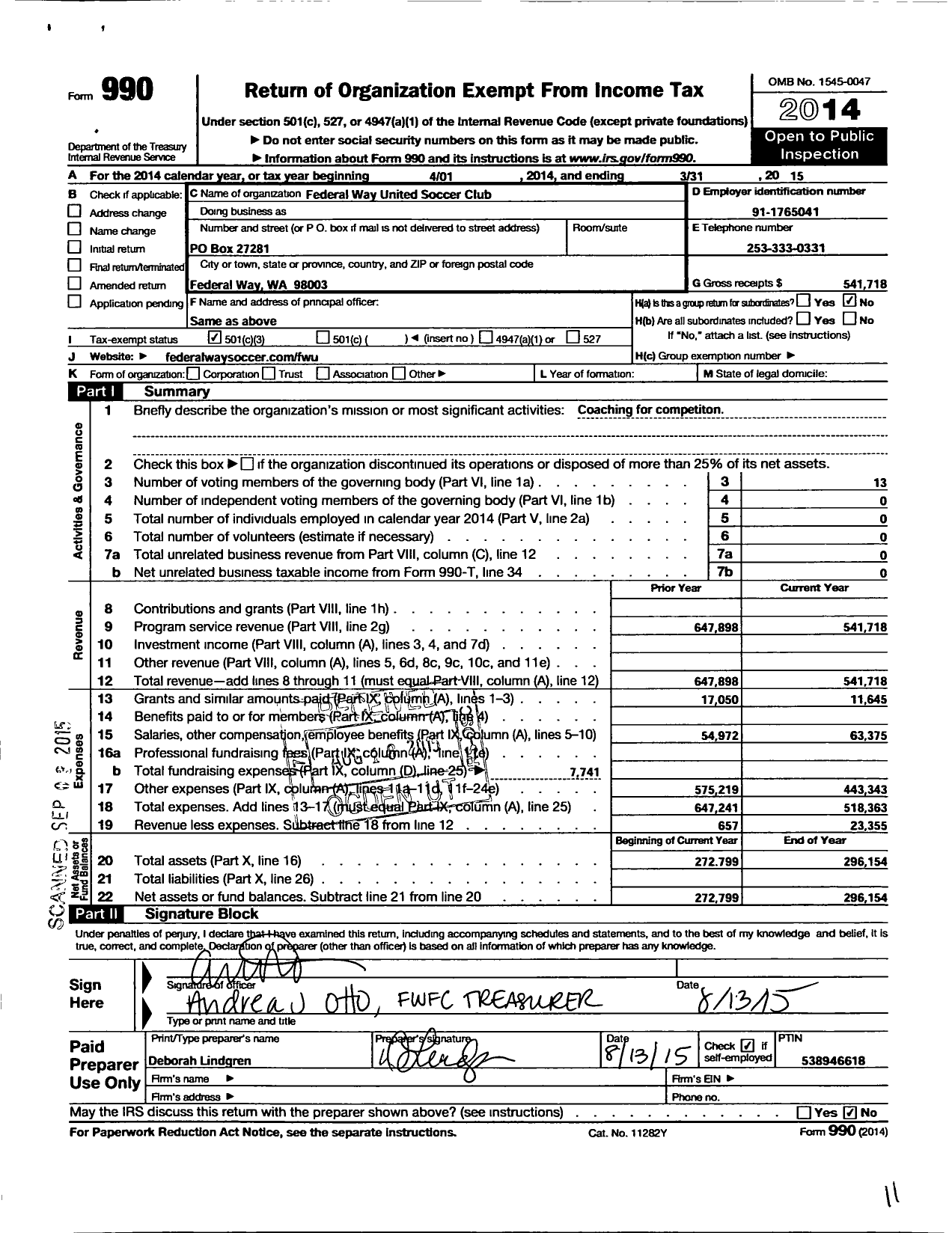 Image of first page of 2014 Form 990 for Federal Way United Soccer Club