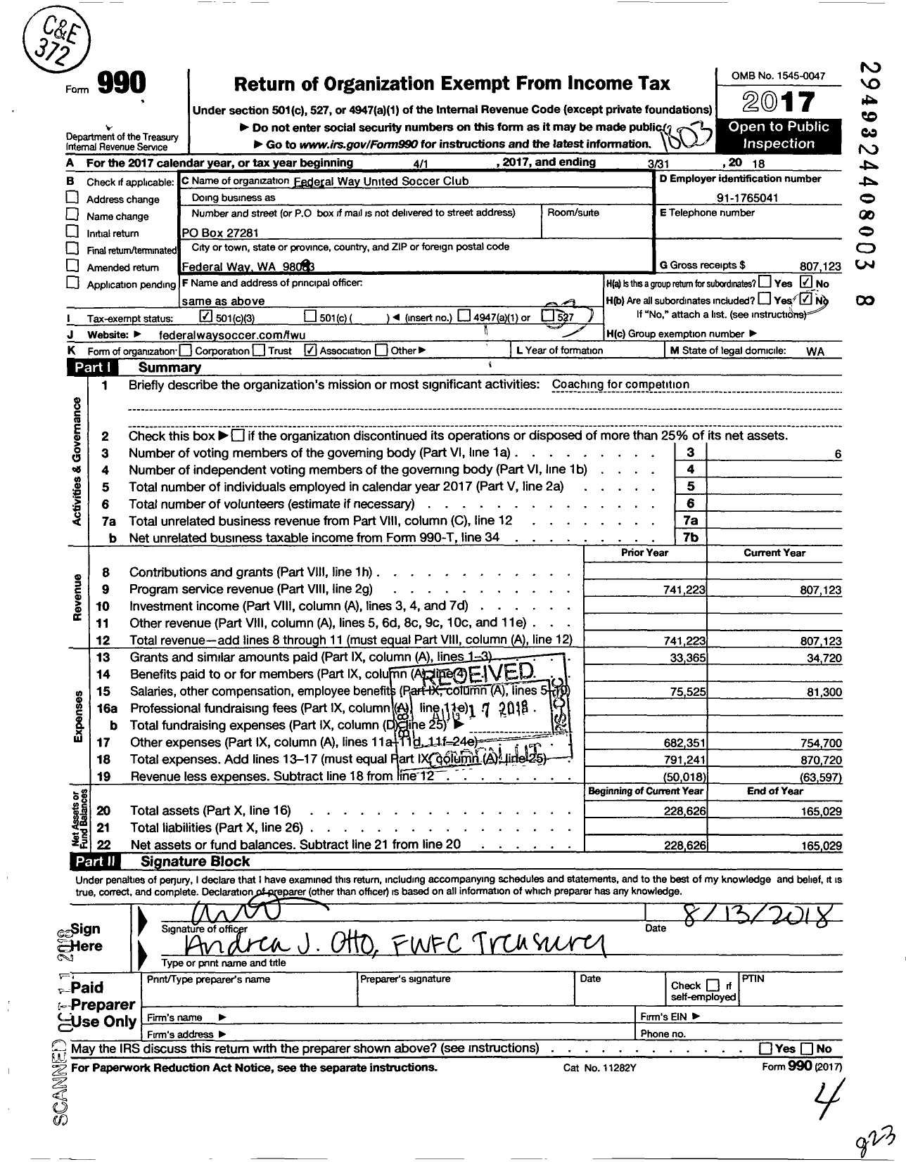 Image of first page of 2017 Form 990 for Federal Way United Soccer Club