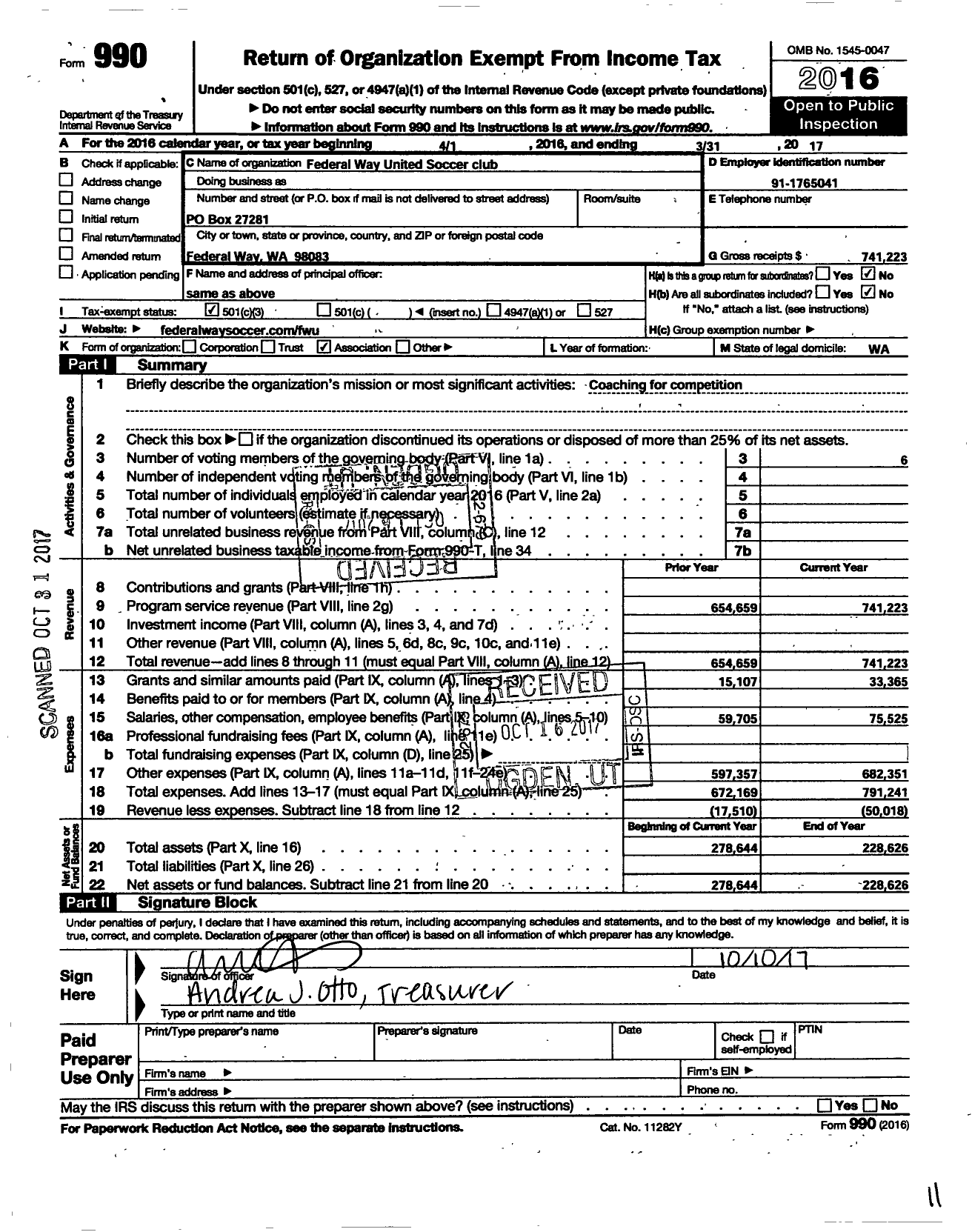 Image of first page of 2016 Form 990 for Federal Way United Soccer Club