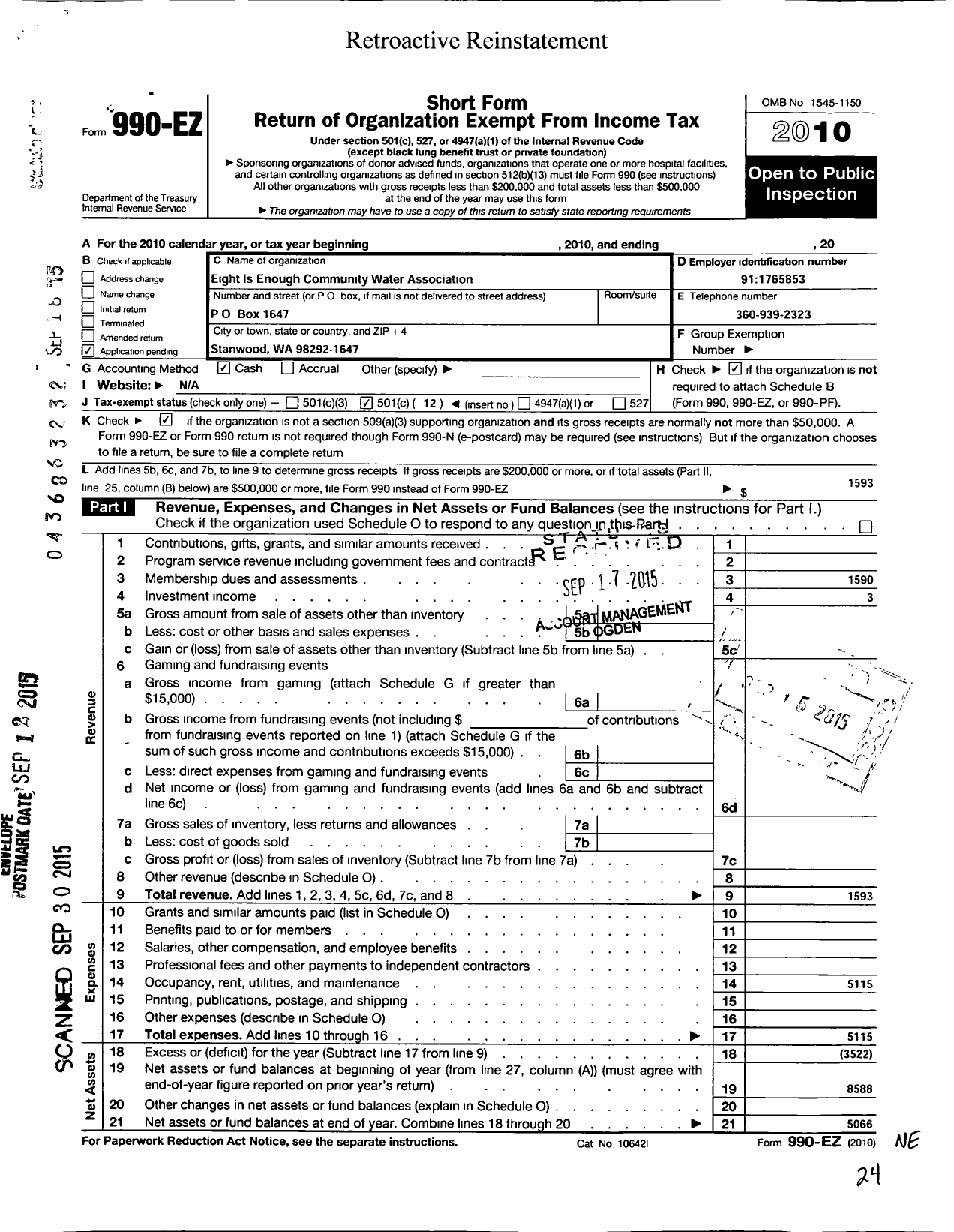 Image of first page of 2010 Form 990EO for Eight Is Enough Community Water Association