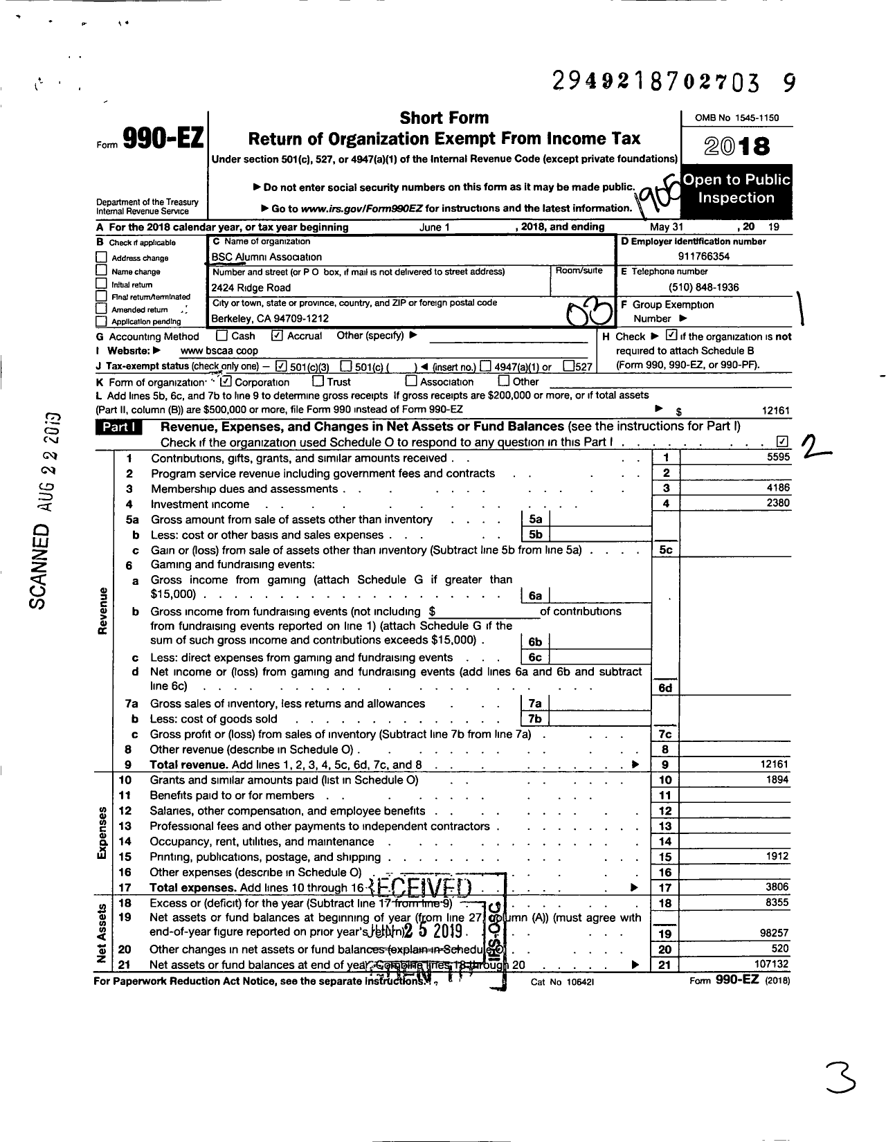 Image of first page of 2018 Form 990EZ for BSC Alumni Association