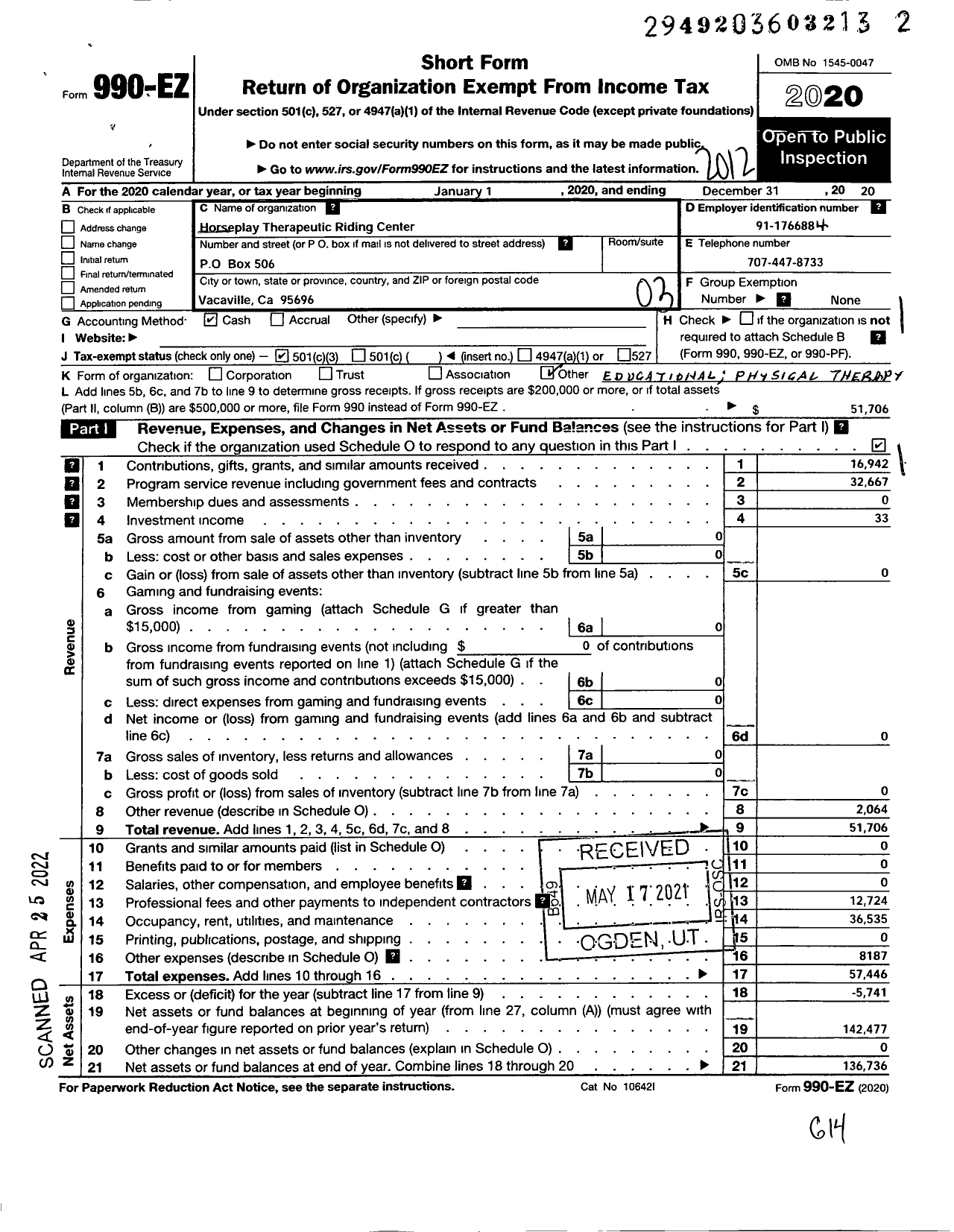 Image of first page of 2020 Form 990EZ for Horseplay Therapeutic Riding Center