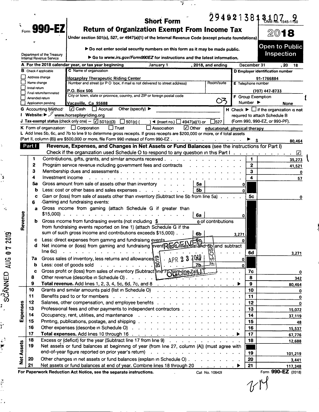 Image of first page of 2018 Form 990EZ for Horseplay Therapeutic Riding Center