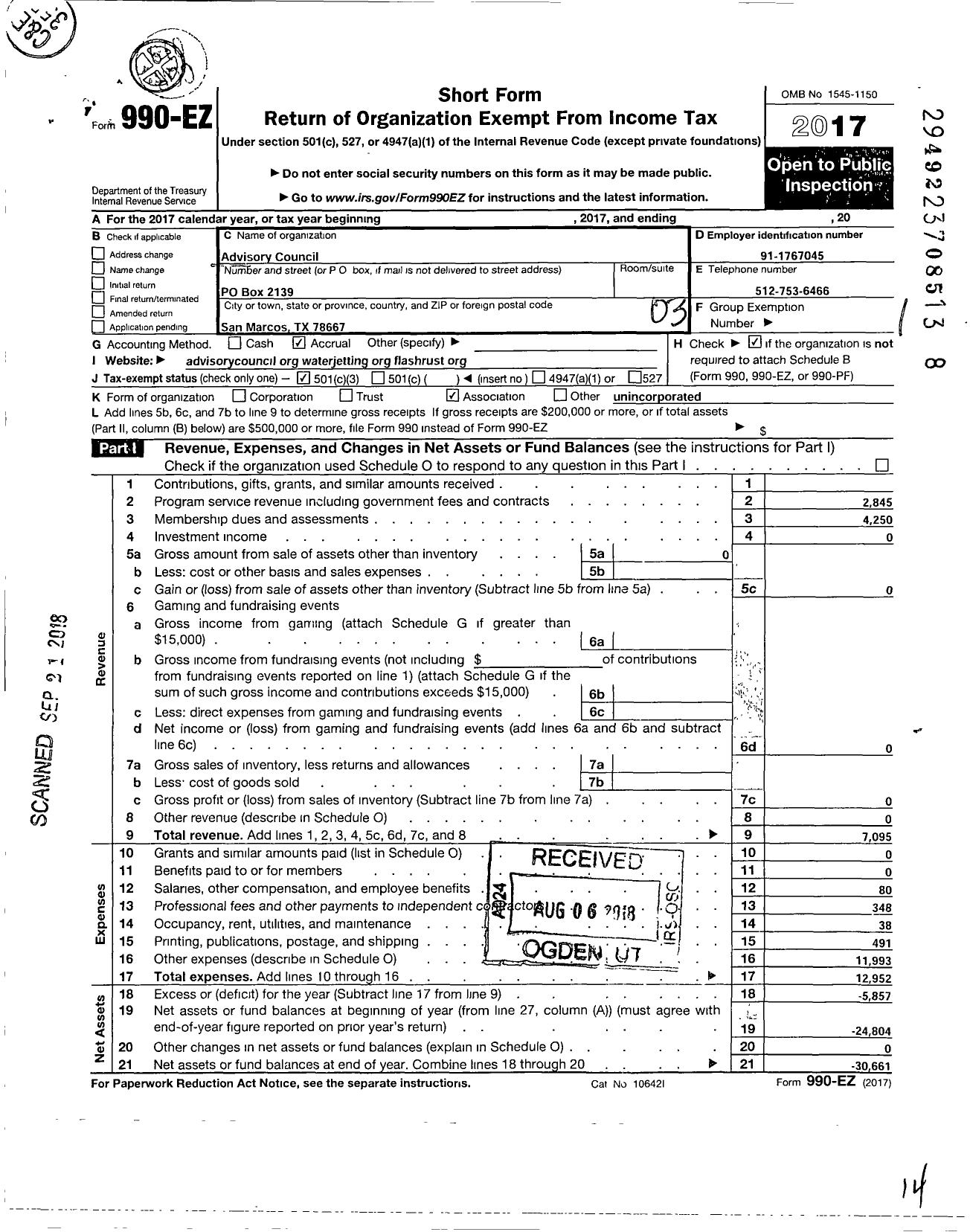 Image of first page of 2017 Form 990EZ for Advisory Council