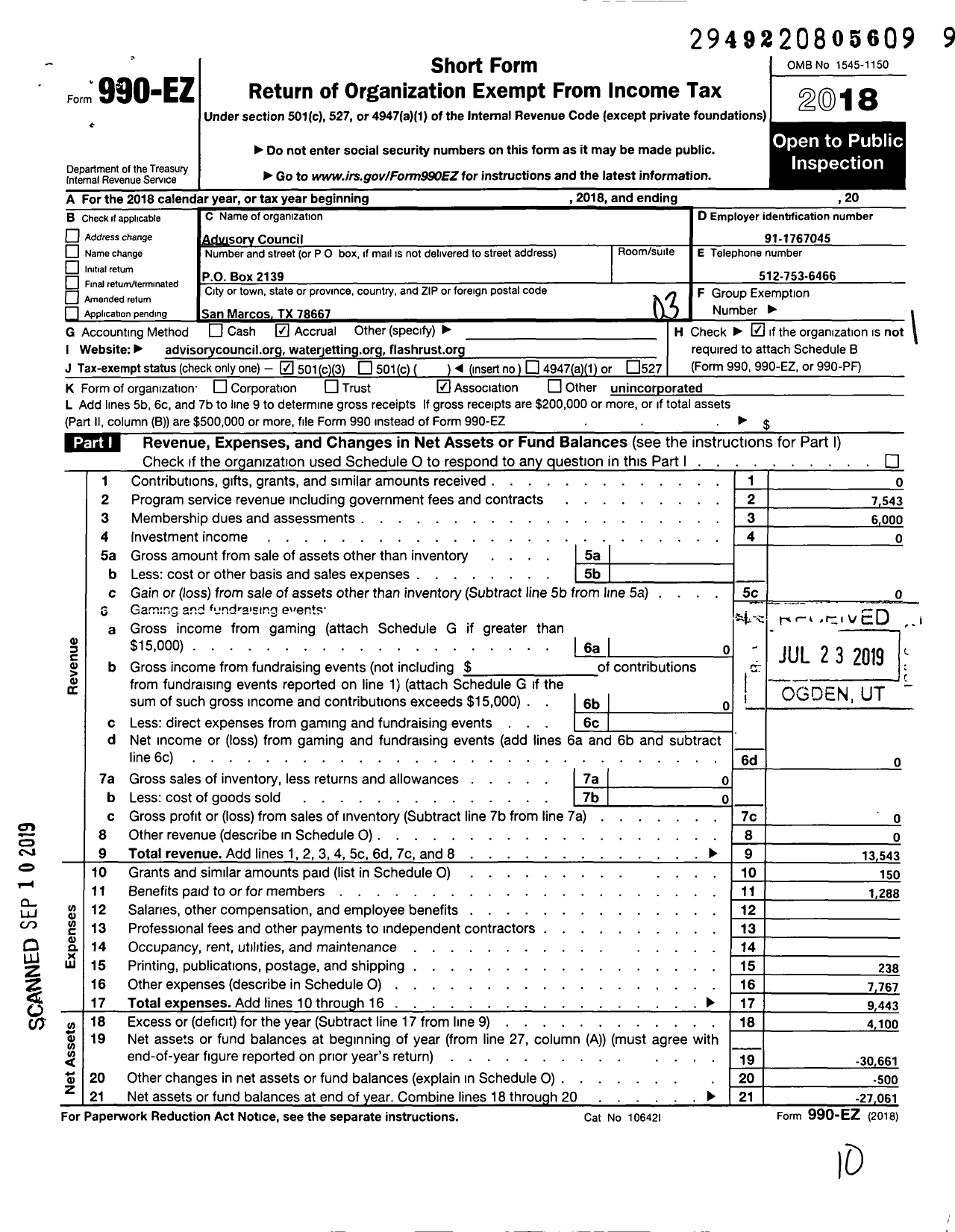 Image of first page of 2018 Form 990EZ for Advisory Council