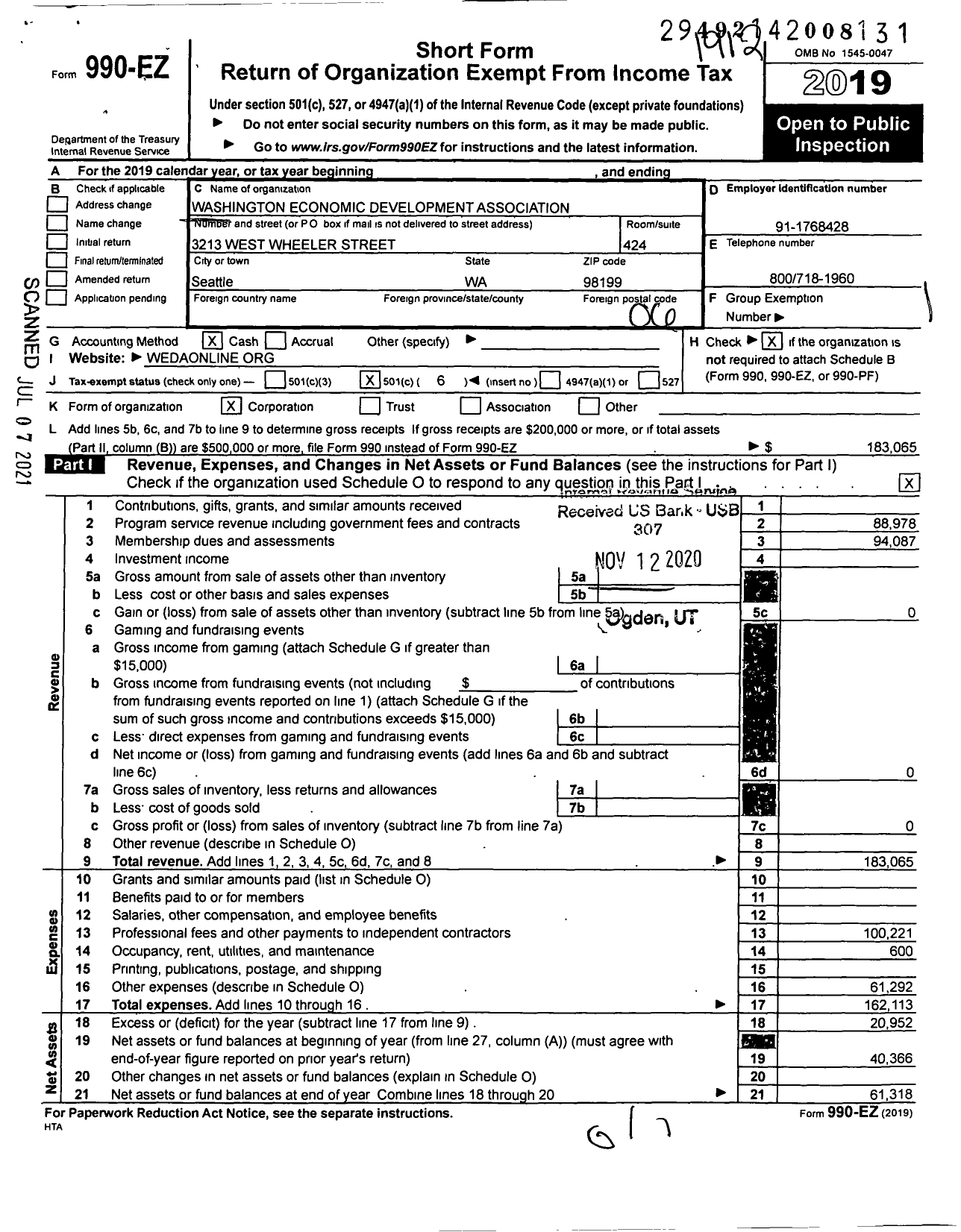 Image of first page of 2019 Form 990EO for Washington Economic Development Association Ion