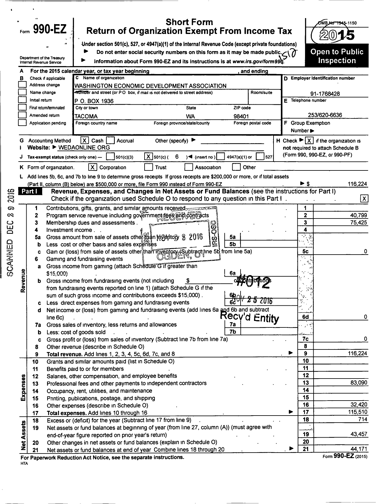 Image of first page of 2015 Form 990EO for Washington Economic Development Association Ion