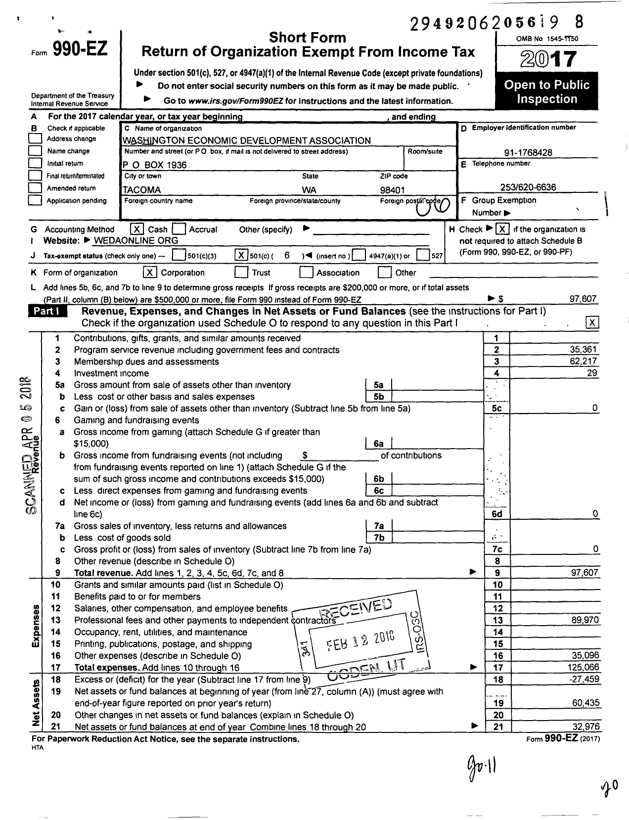 Image of first page of 2017 Form 990EO for Washington Economic Development Association Ion