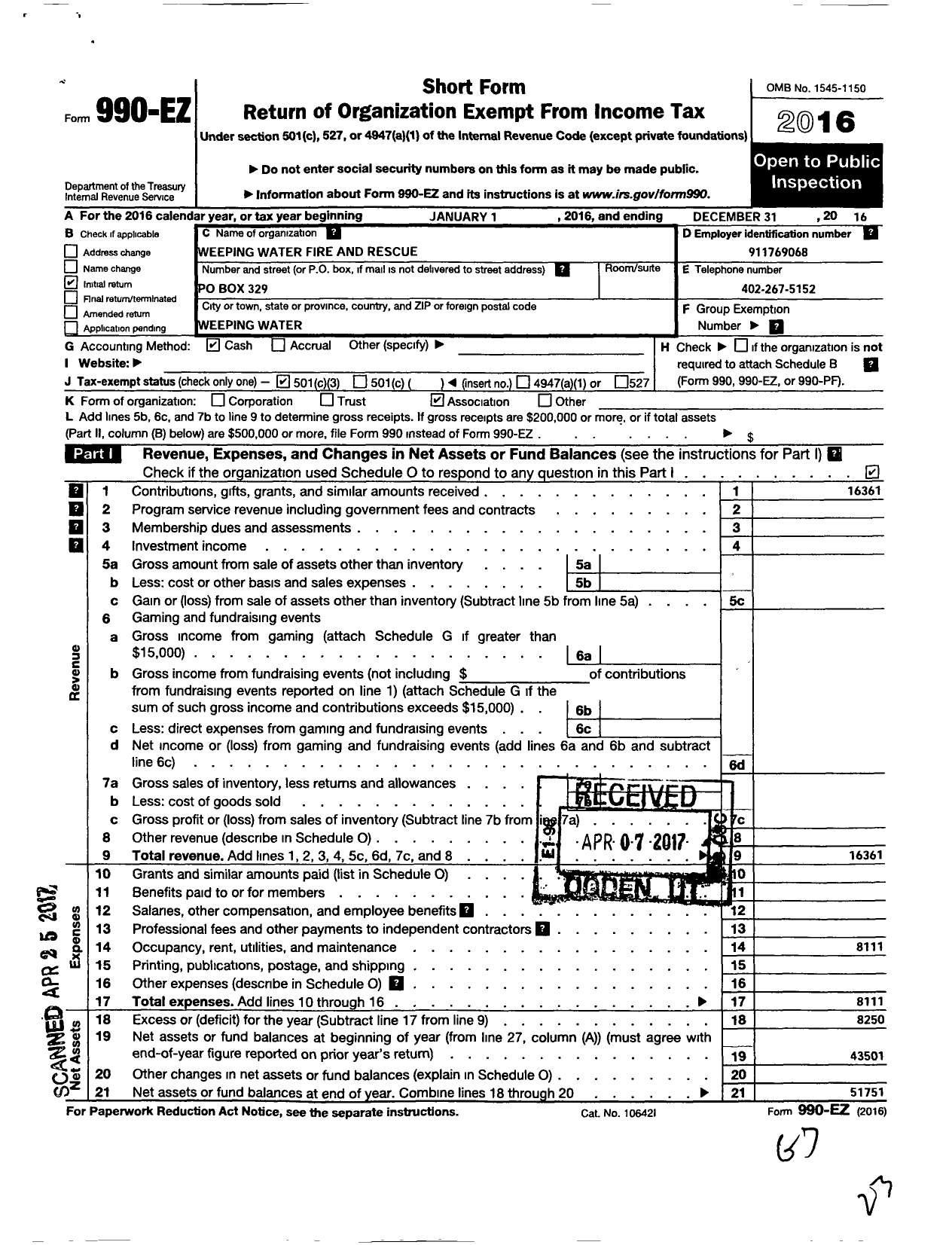 Image of first page of 2016 Form 990EZ for Weeping Water Fire and Rescue