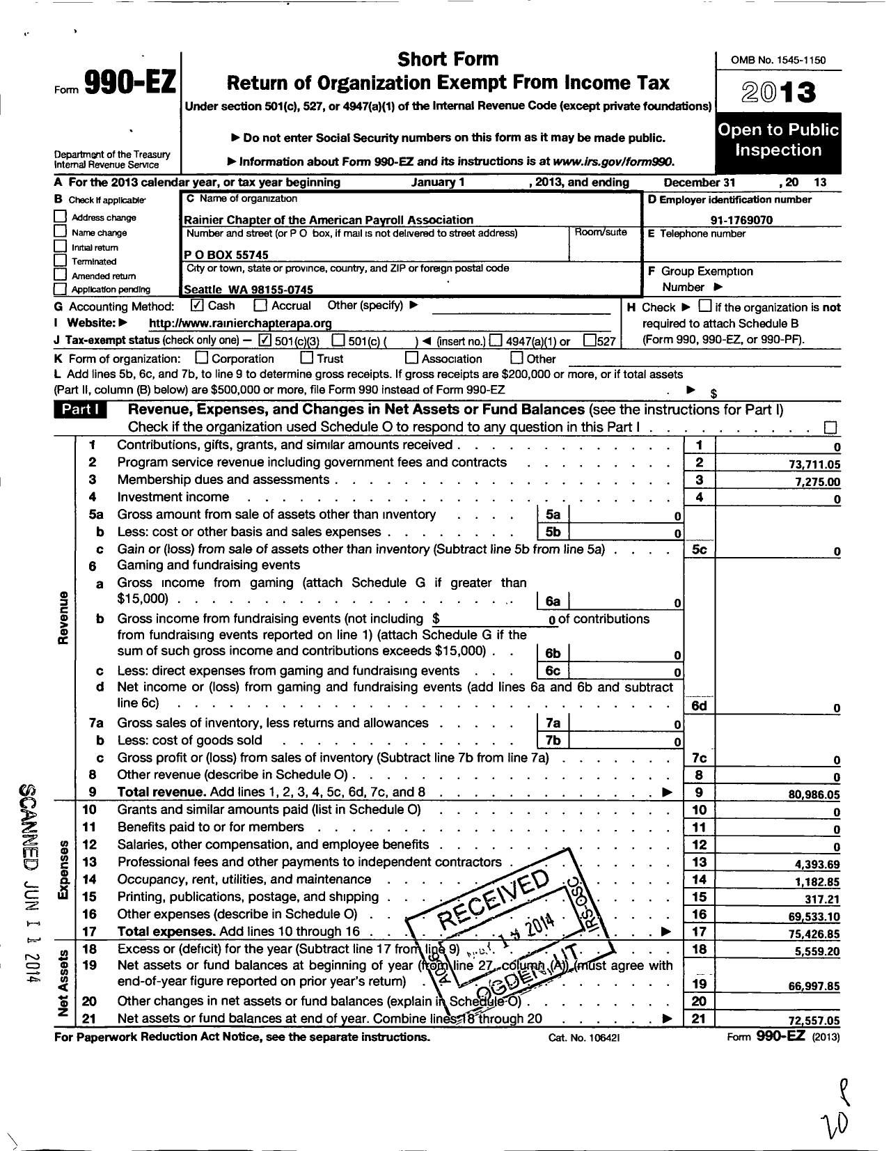 Image of first page of 2013 Form 990EZ for Rainier Chapter of the American Payroll Association